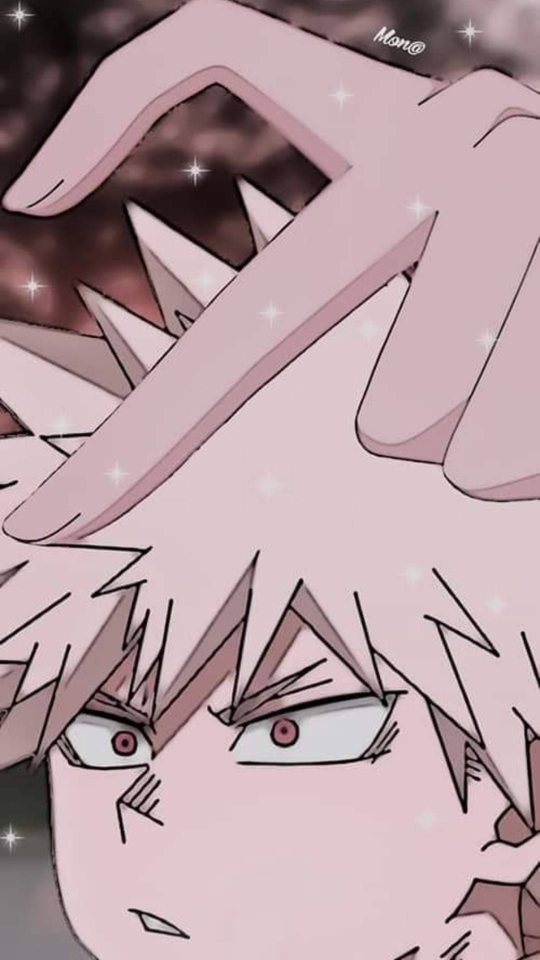 my hero academia 4K 桌布 壁紙 — 一個近距離的動漫角色，擁有尖刺的粉紅色頭髮和強烈的紅色眼睛，被一隻巨大的粉紅色手框住，背景是閃爍的黑暗。