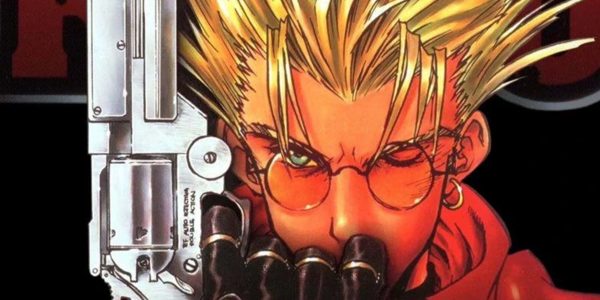 Trigun 桌布 壁紙 — 一個近距離的動漫角色，擁有尖刺金髮和眼鏡，在黑暗背景下手持一把大型銀色左輪手槍。