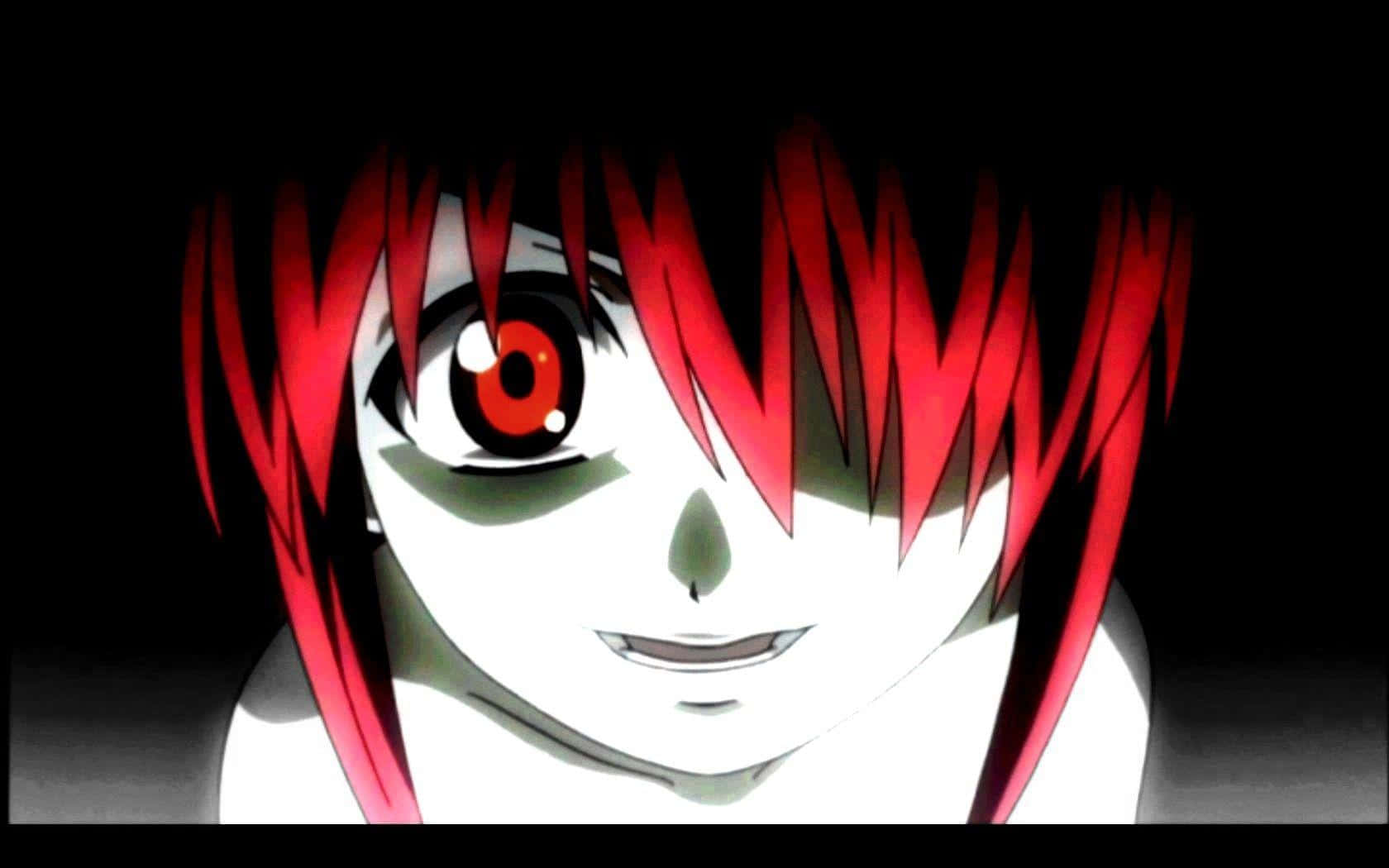 Elfen Lied 桌布 壁紙 — 一個近距離的動漫角色，擁有尖銳的紅髮和發光的紅眼睛，在黑色背景下強烈地凝視。