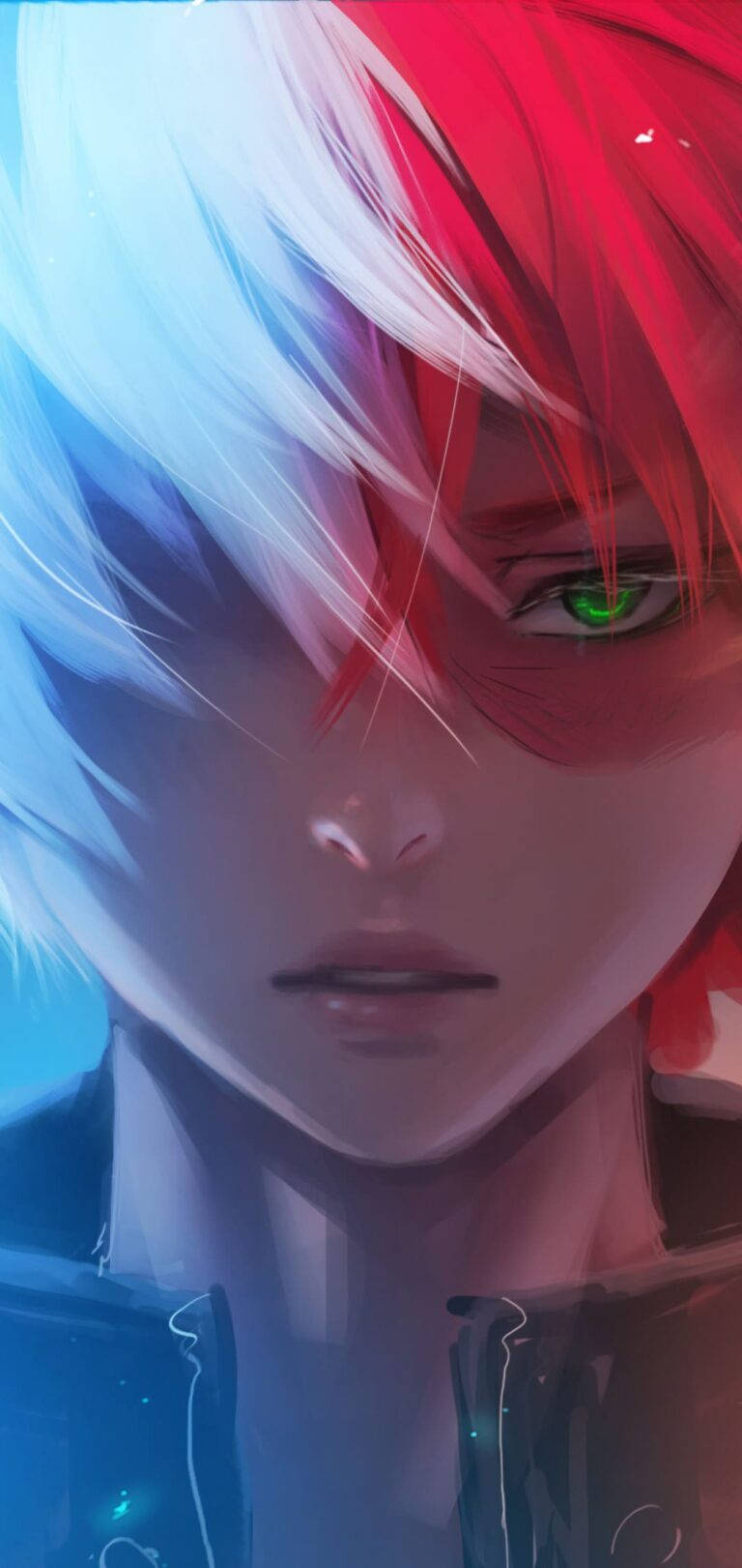 HD anime phone 桌布 壁紙 — 一個近距離的動漫角色，擁有引人注目的紅藍頭髮和發光的綠色眼睛，在漸變背景前強烈凝視。