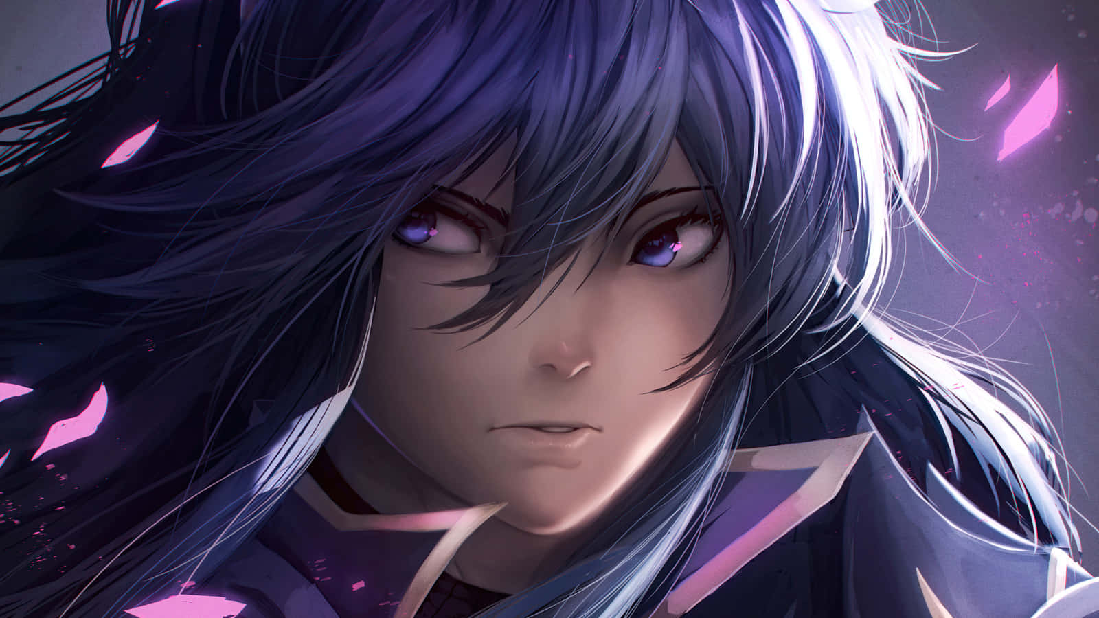 擁有紫色頭髮和發光眼睛的動漫角色，被粉紅色花瓣環繞。 — Fire Emblem Warriors 壁紙