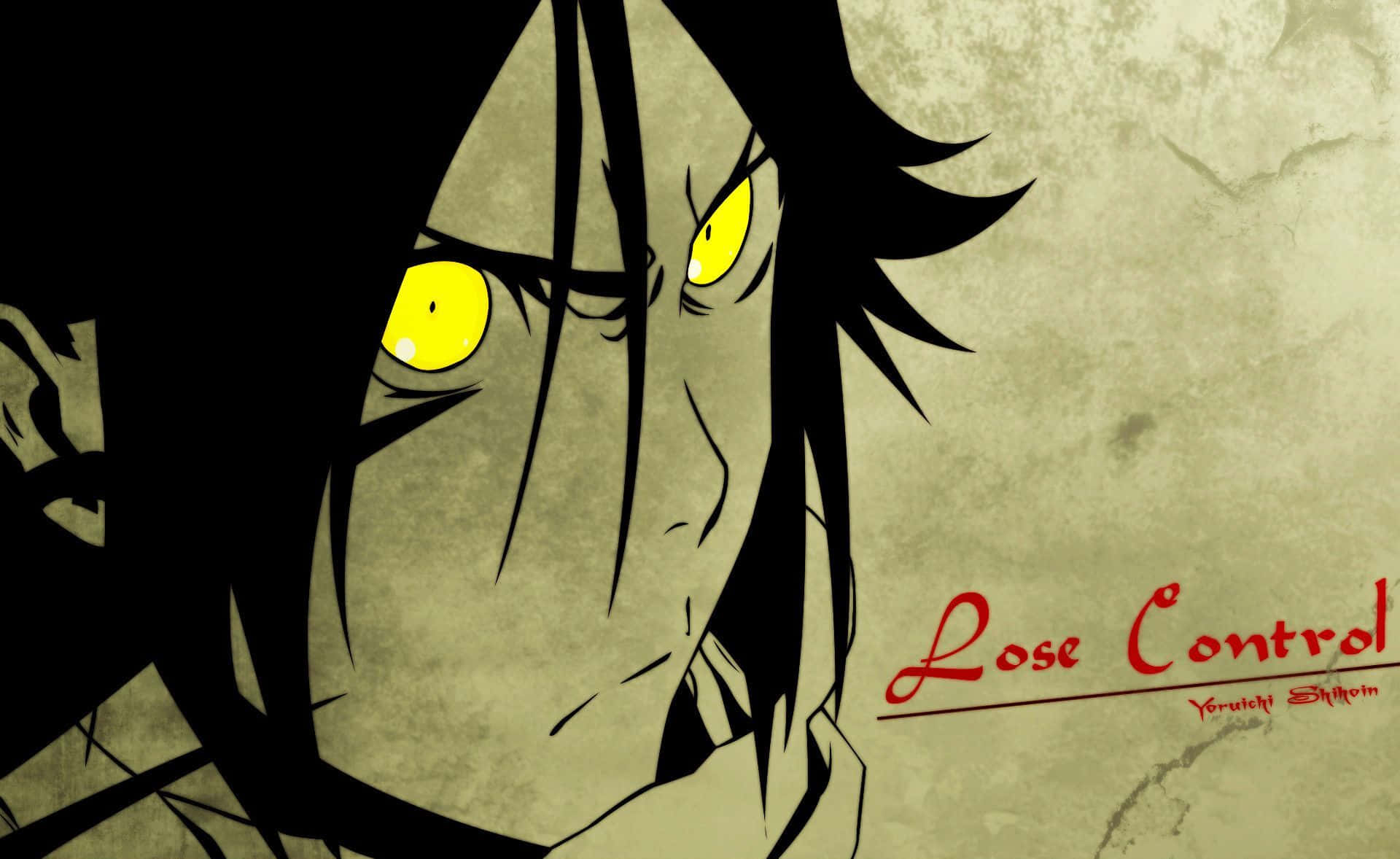 Yoruichi Shihoin 桌布 壁紙 — 一個近距離的動漫角色，擁有發光的黃色眼睛和深色頭髮，在帶有紅色文字的紋理米色背景上強烈凝視。
