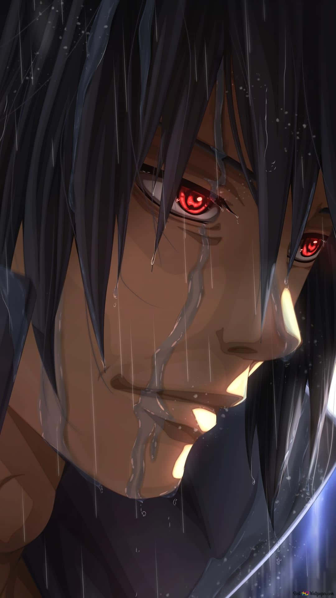 Sad Anime Death 桌布 壁紙 — 一個近距離的動漫角色，擁有發光的紅色眼睛和深色頭髮，雨滴在他的臉上劃過，形成一幅陰沉、戲劇性的肖像。