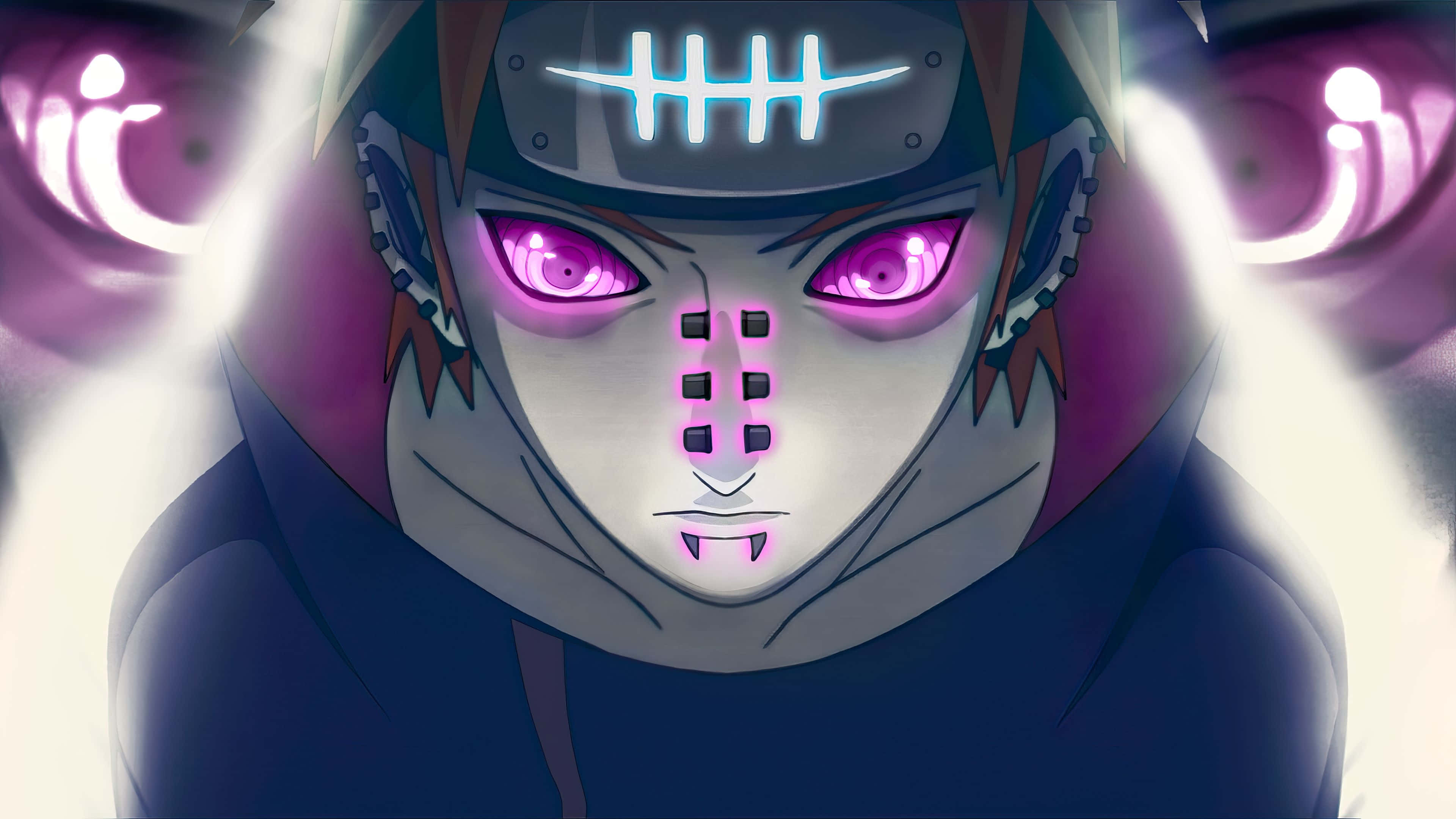 Akatsuki Yahiko 桌布 壁紙 — 一個近距離的動漫角色，擁有發光的紫色眼睛和額頭護具，在明亮的白色背景下散發出強烈的力量。