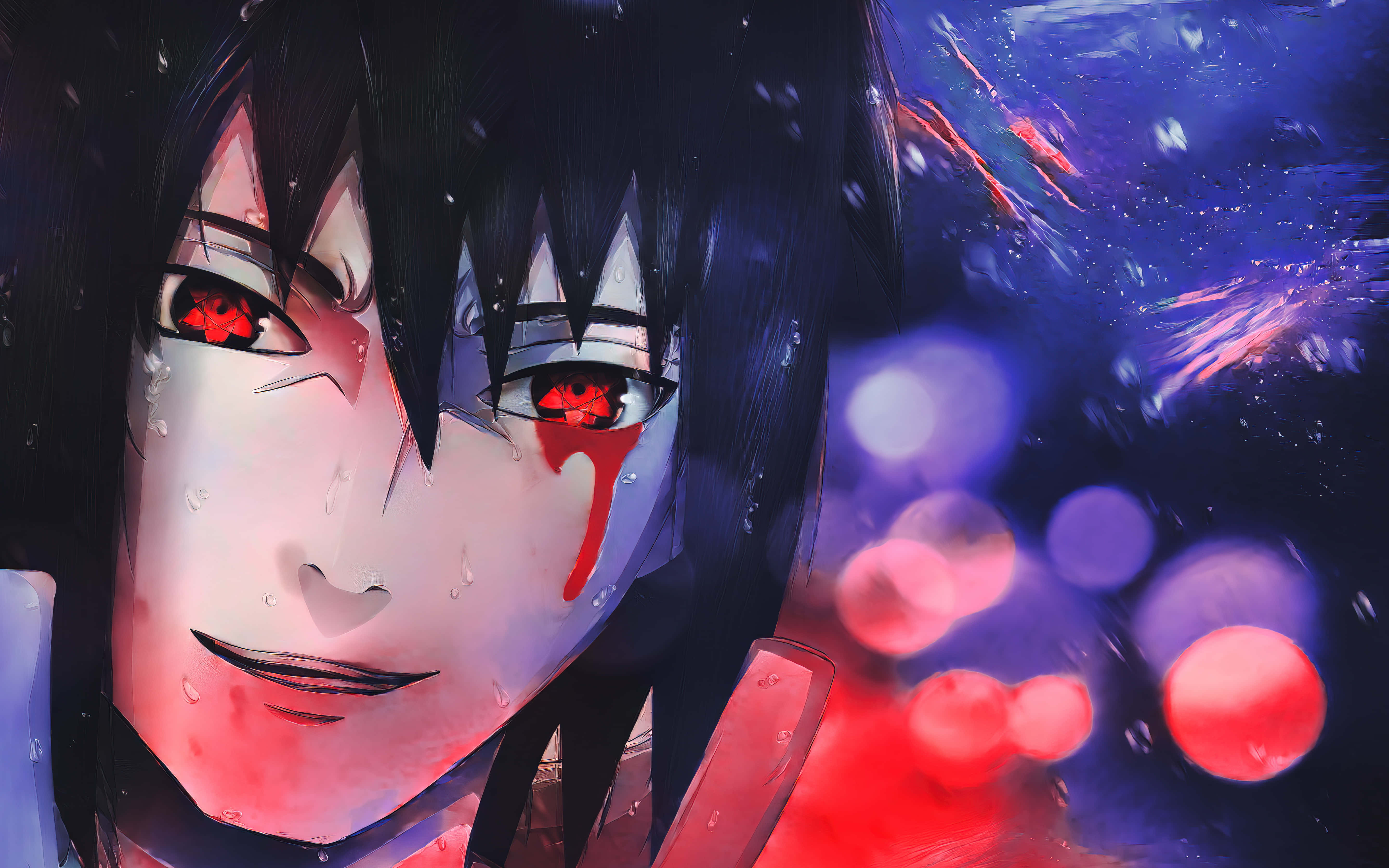 Uchiha Clan 桌布 壁紙 — 一個近距離的動漫角色，擁有紅色眼睛和血淚，在模糊的宇宙背景中微笑，背景中有發光的球體。