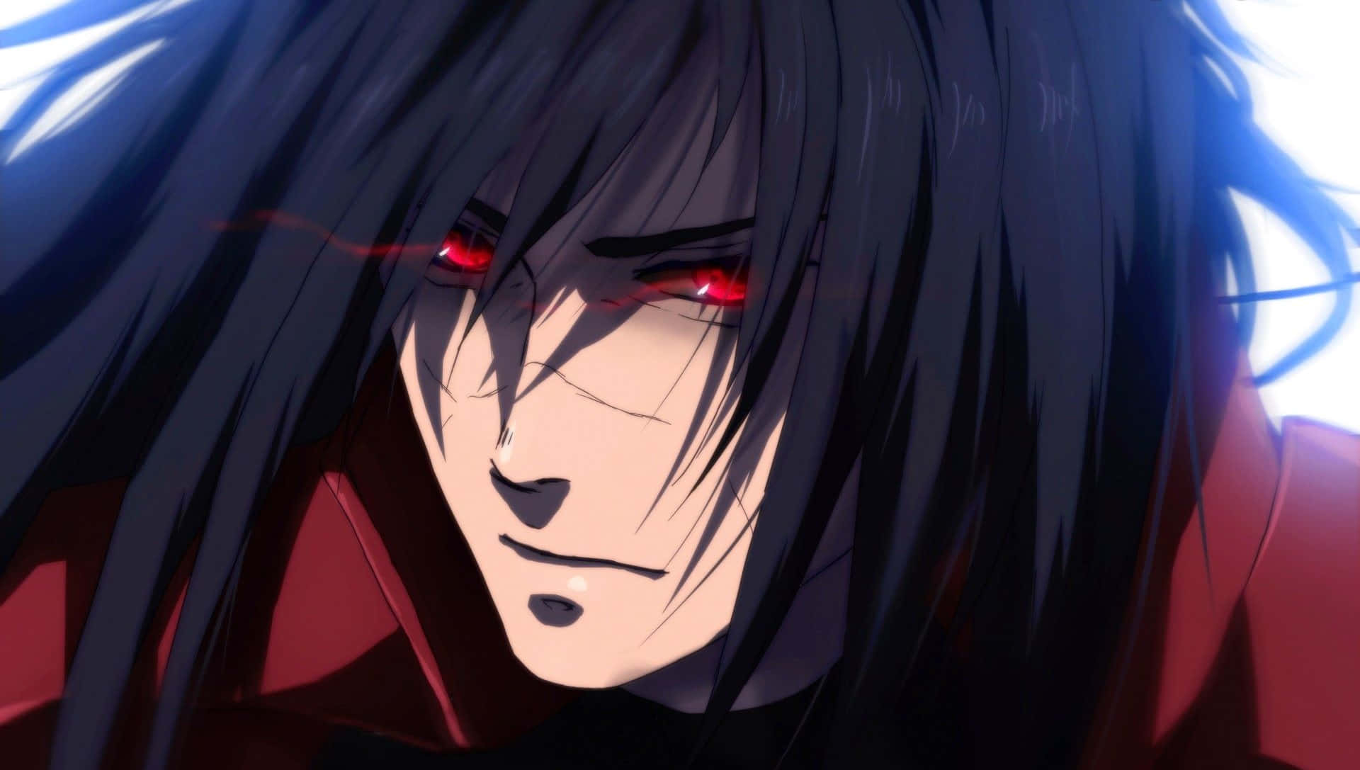 Genjutsu 桌布 壁紙 — 一個近距離的動漫角色，擁有長長的黑髮和發光的紅眼睛，在明亮的背景下強烈地凝視著。