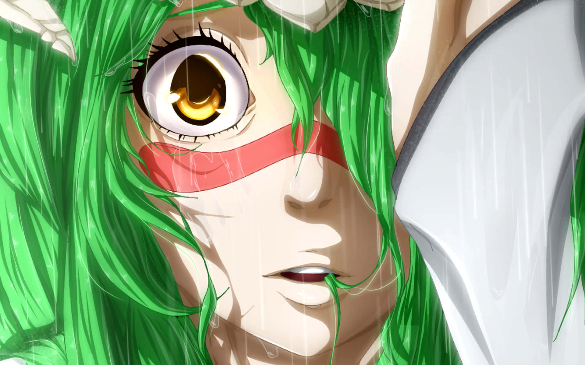 Nelliel Tu Odelschwanck 桌布 壁紙 — 一個近距離的動漫角色，擁有鮮豔的綠色頭髮和金色的眼睛，在佩戴紅色頭帶的同時凝視著落下的雨。