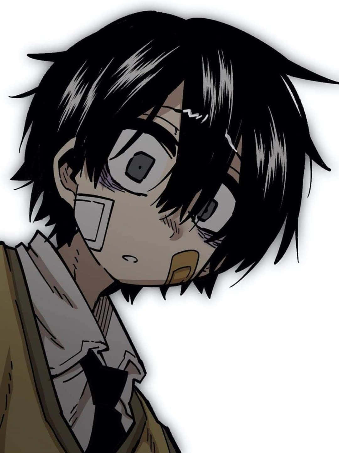 動漫男孩 桌布 壁紙 — 一個近距離的動漫角色，有著凌亂的黑髮和大眼睛，帶著驚訝的表情向下看。