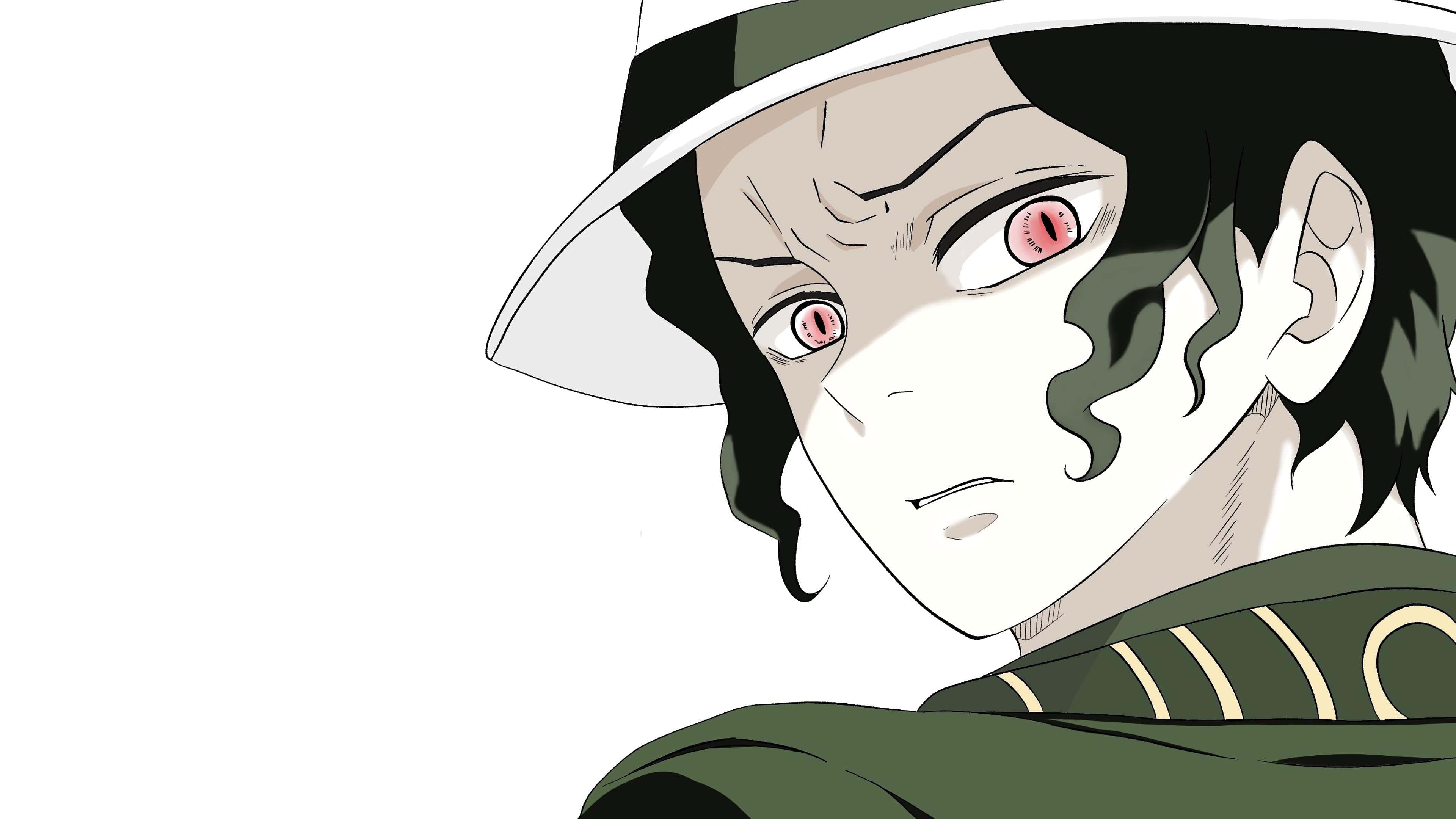 Demon Slayer Laptop 桌布 壁紙 — 一個近距離的動漫角色，深色頭髮和紅色眼睛，在白色帽子下對著純白色背景強烈凝視。