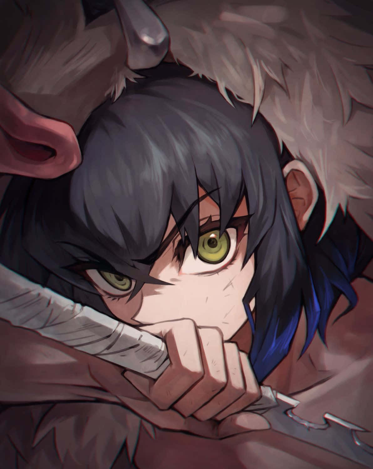 Inosuke Aesthetic 桌布 壁紙 — 一個近距離的動漫角色，深色頭髮和綠色眼睛，握著一把劍，而一隻巨大的野獸在他們身後隱約出現。