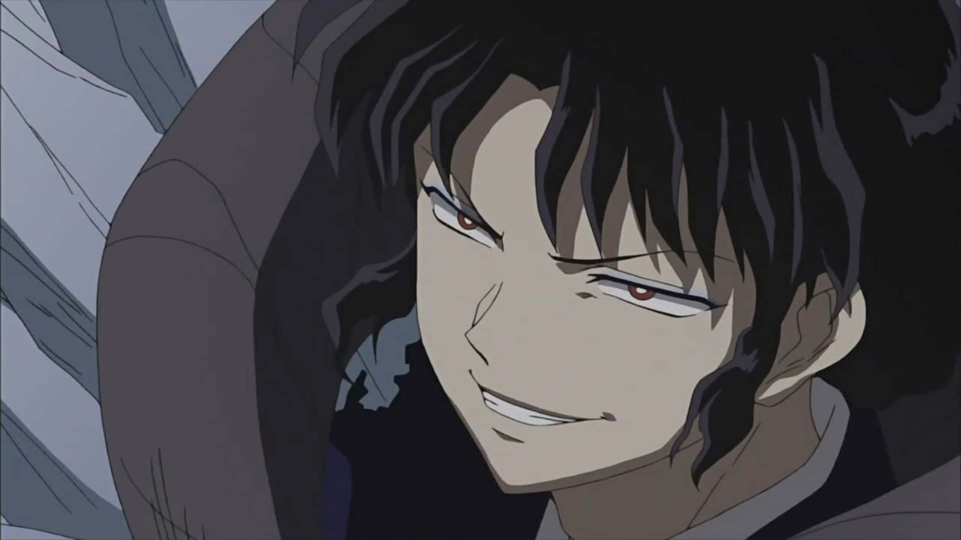Naraku 桌布 壁紙 — 一個近距離的動漫角色，深色頭髮和紅色眼睛，帶著自信的表情冷笑。