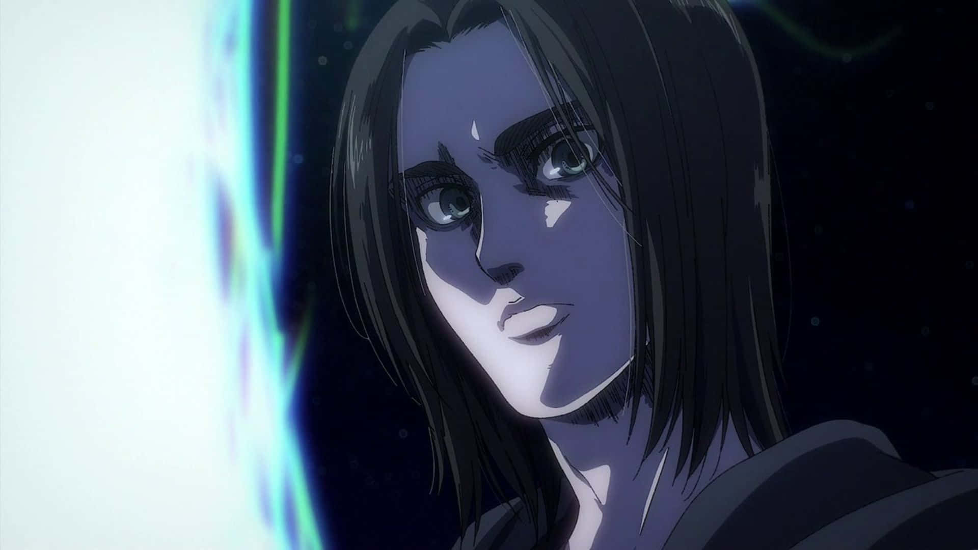 Attack On Titan The Final Season 桌布 壁紙 — 一個近距離的動漫角色，深色頭髮和銳利的眼睛，在黑暗背景中凝視前方，帶有發光的藍色能量。
