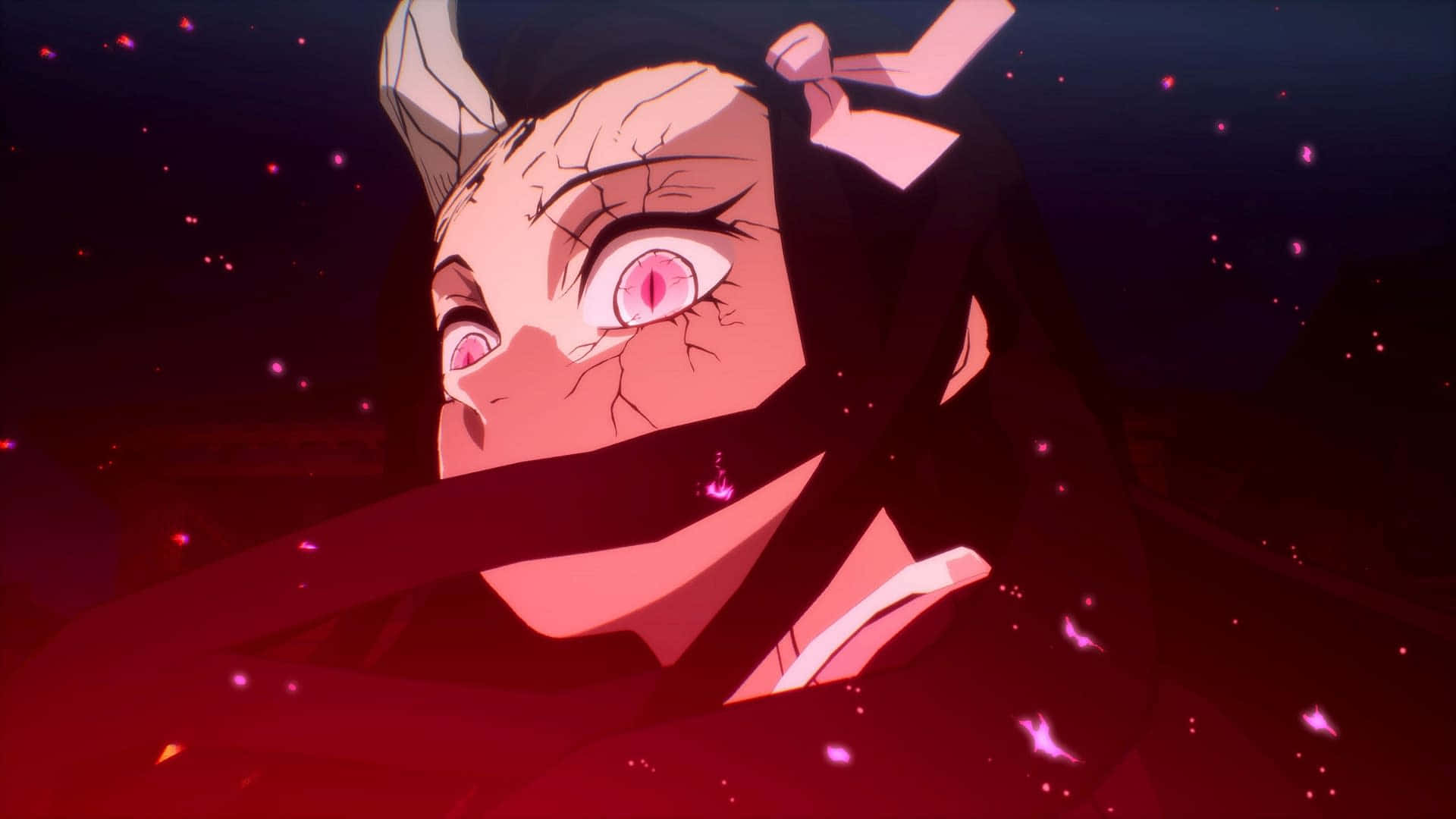 Demon Slayer Characters 桌布 壁紙 — 一個近距離的動漫角色，皮膚龜裂，粉紅色眼睛，在深紅色星空背景下強烈凝視。