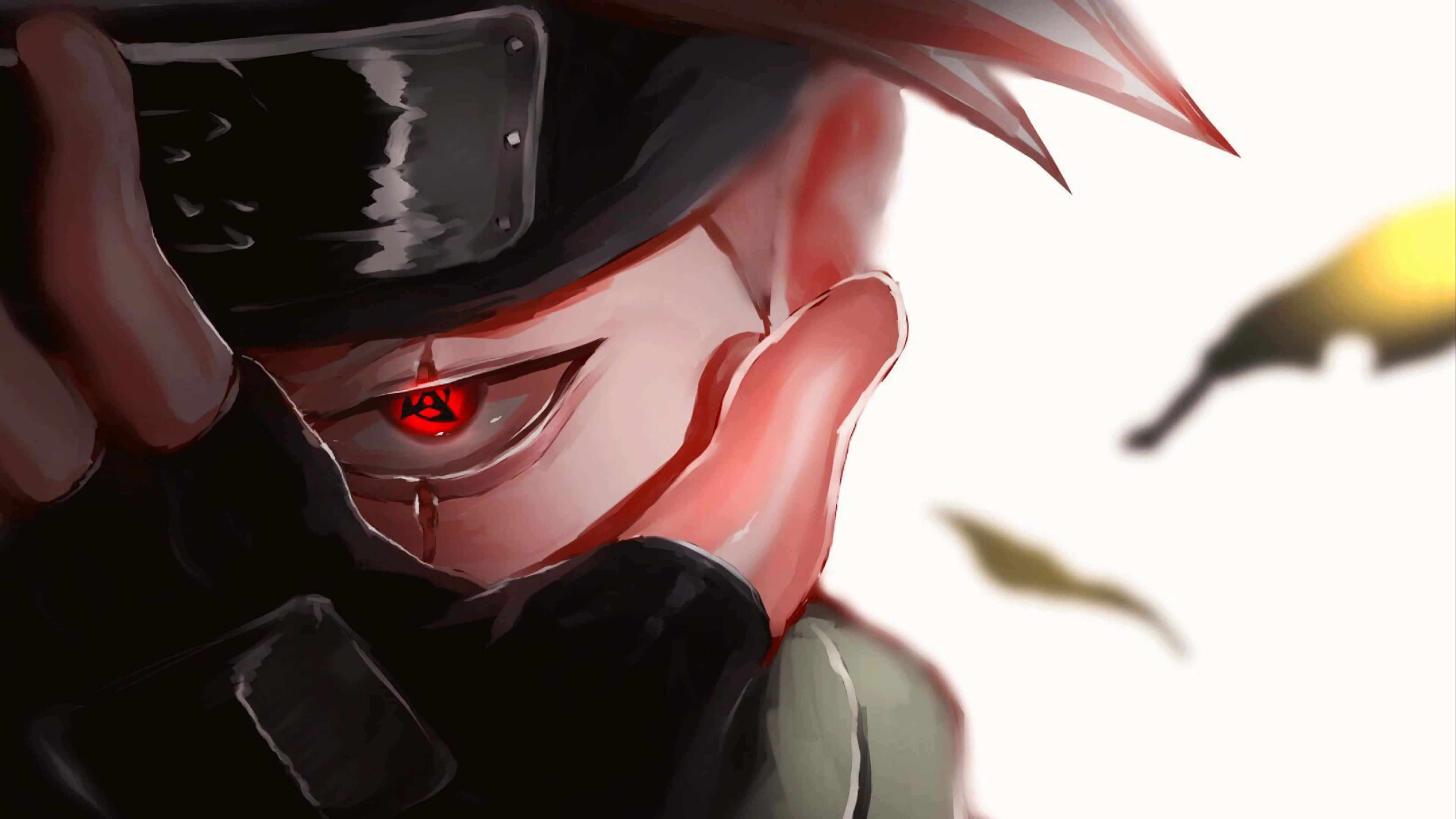kakashi pfp 桌布 壁紙 — 一個近距離的動漫角色，紅眼黑頭帶，緊抓臉部，表情強烈。