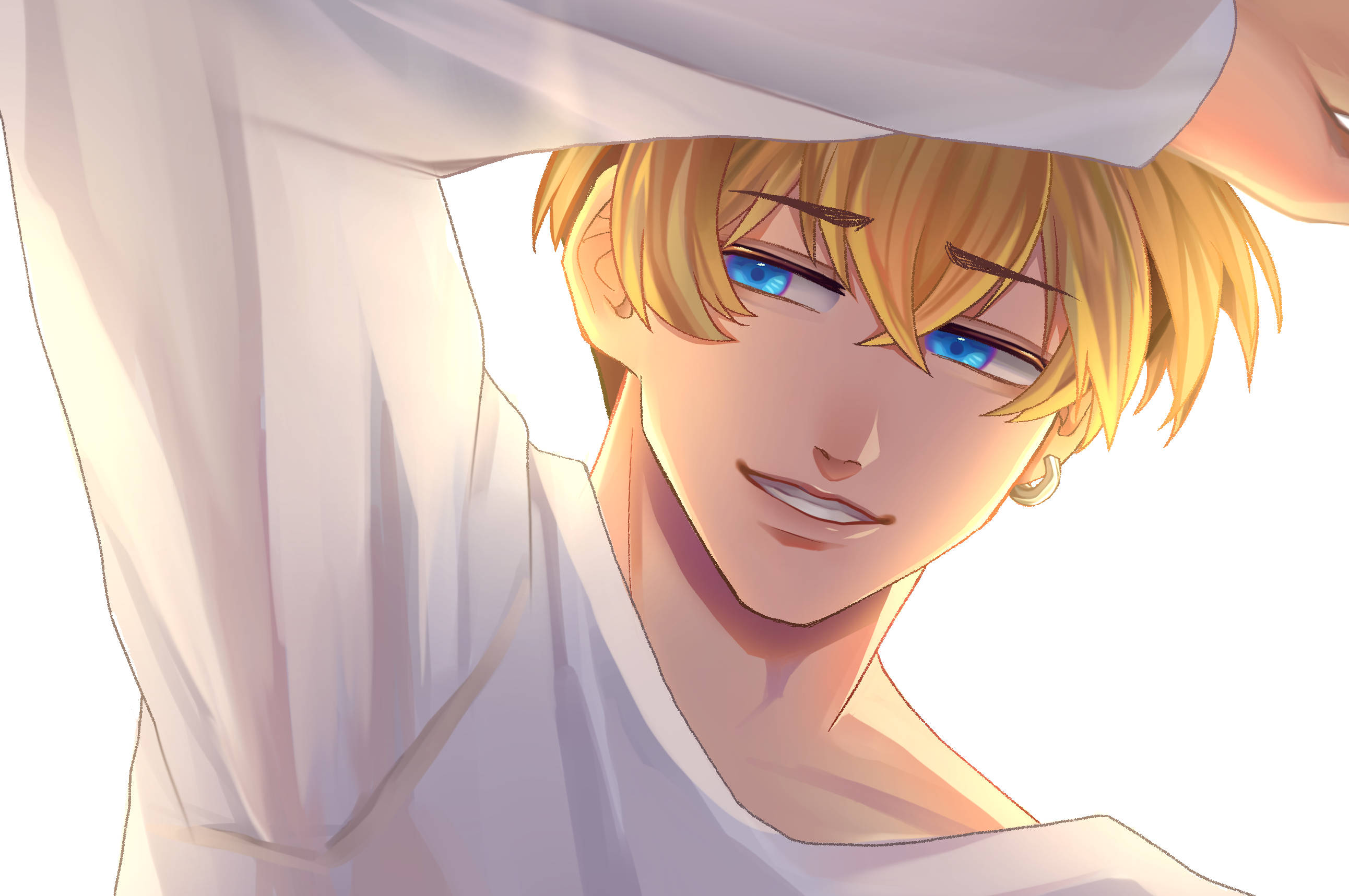 chifuyu matsuno 桌布 壁紙 — 一個近距離的動畫男性，金髮藍眼，微笑著將一件白色襯衫舉過頭頂。