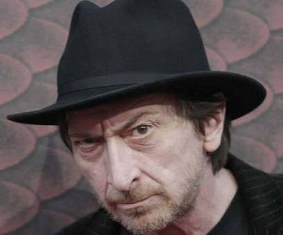 Frank Miller 桌布 壁紙 — 一個近距離肖像，一個表情嚴肅的男人戴著黑色軟呢帽，背景是帶有圖案的紅色背景。