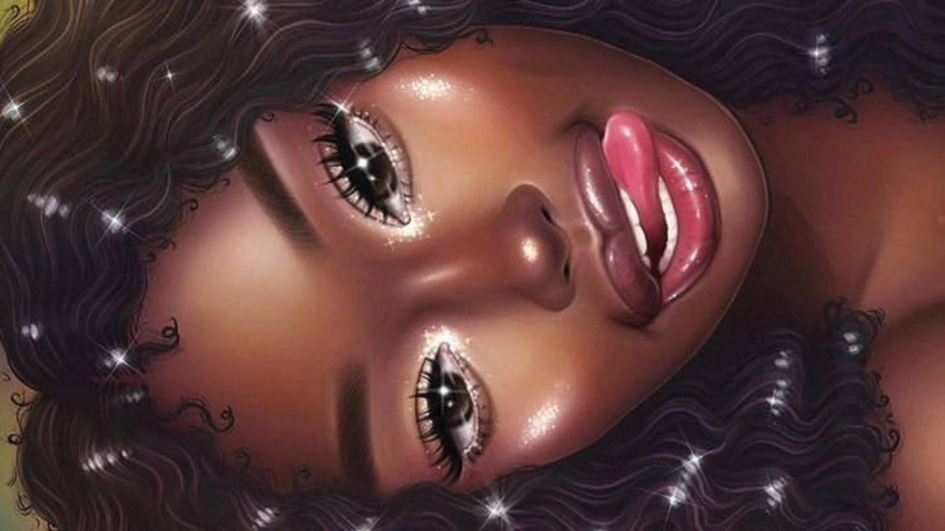 black cartoon girl 桌布 壁紙 — 一個迷人插畫肖像，女性擁有閃爍的眼睛和嘴唇，被閃亮的捲髮環繞。