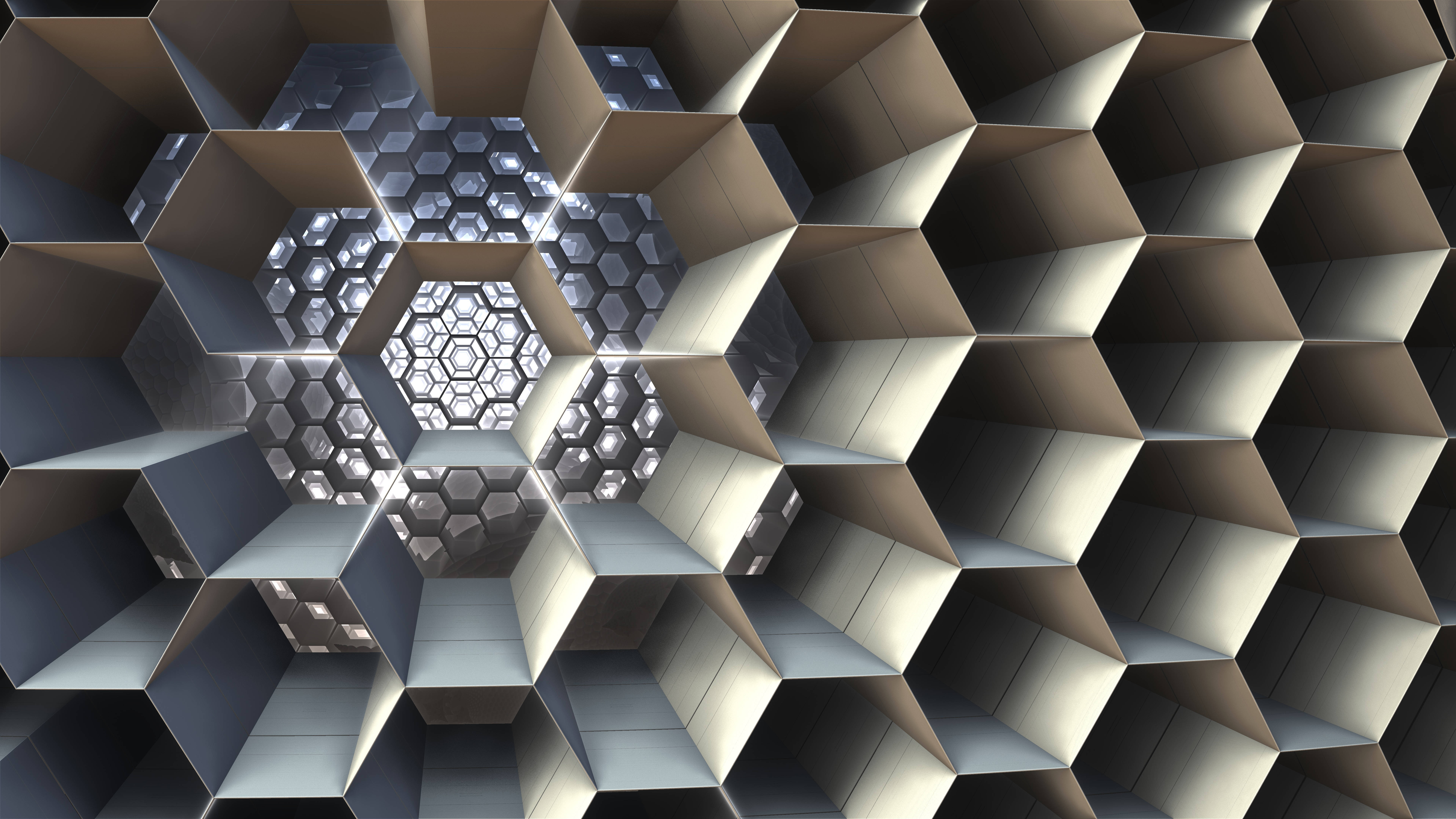 Honeycomb 桌布 壁紙 — 一個迷人的3D六邊形圖案，帶有嵌套的幾何形狀和柔和的光線，營造出深度和對稱感。