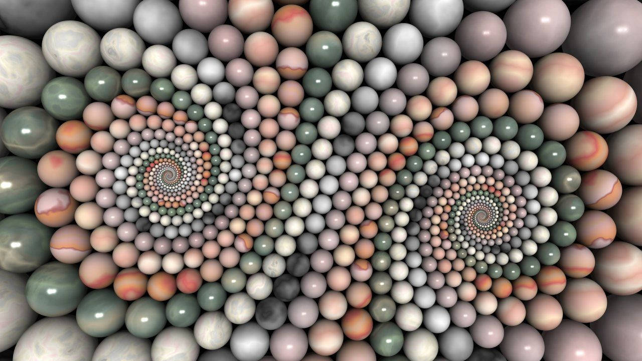 Stone 桌布 壁紙 — 一個迷人的3D渲染圖案，由多色球體向內螺旋形成兩個催眠般的漩渦。