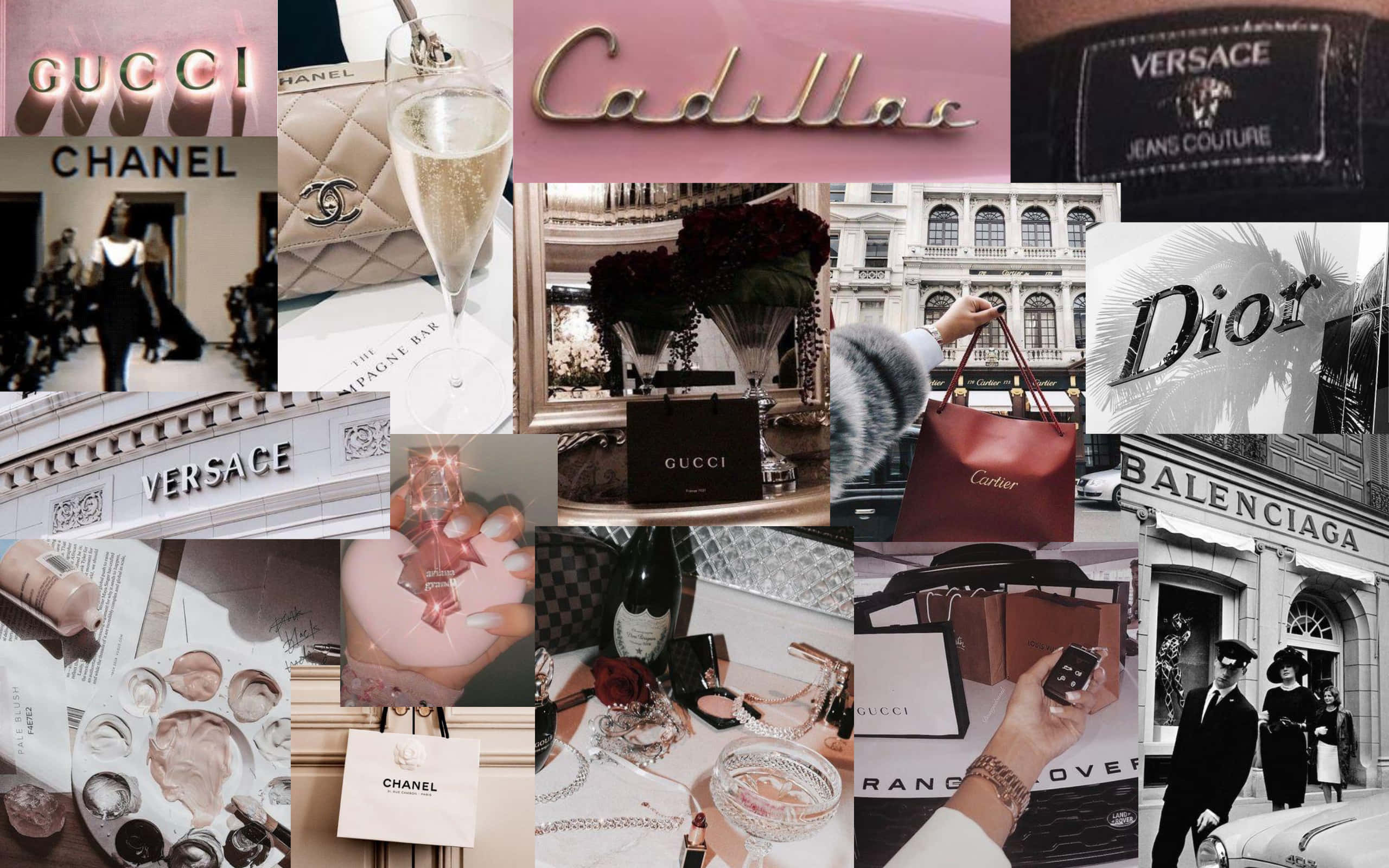 Luxury Brands 桌布 壁紙 — 一個迷人的奢華時尚品牌和配飾拼貼，包括 Chanel、Gucci、Dior 和 Versace，搭配香檳和設計師手袋。