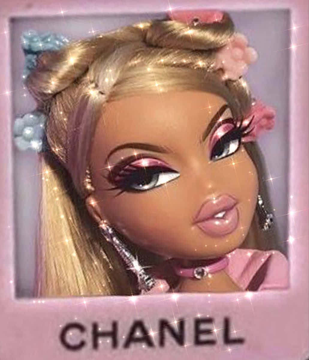 bratz 美學 桌布 壁紙 — 一個迷人的娃娃，擁有金色辮子頭髮，裝飾著粉紅色和藍色的花朵以及閃閃發光的亮片效果。