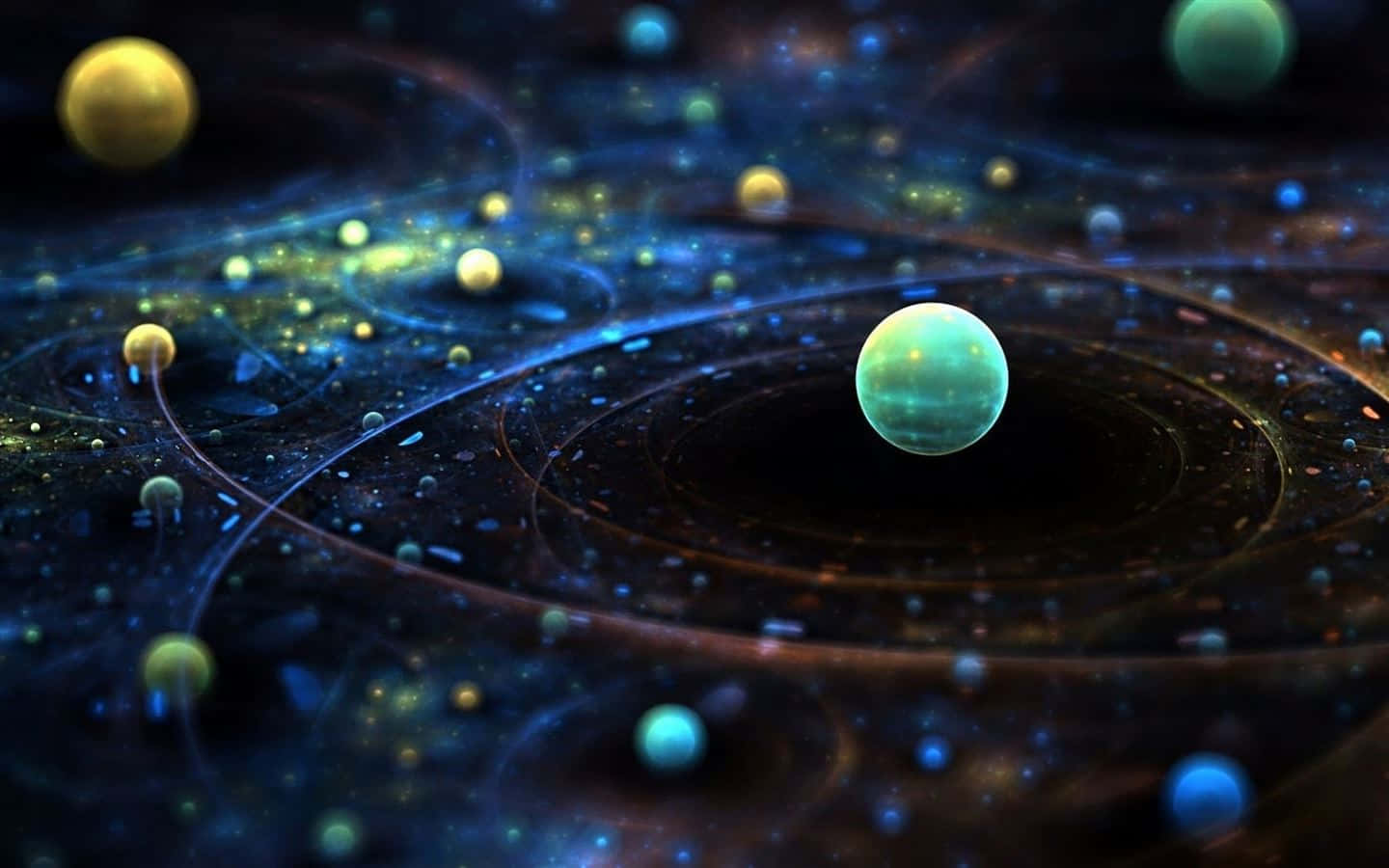 Fantasy Space 桌布 壁紙 — 一個迷人的宇宙場景，有發光的行星和旋轉的星雲，呈現深藍色和金色。