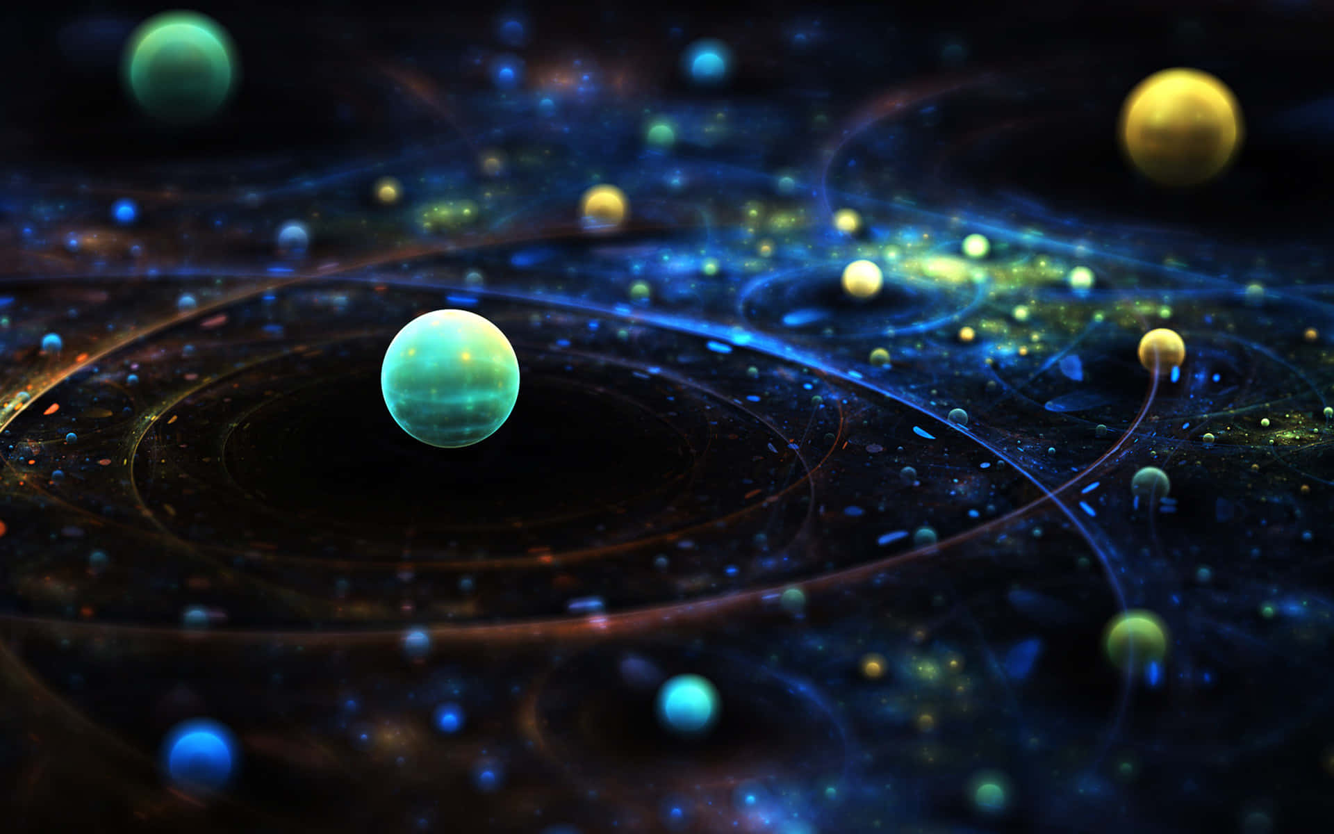 Trippy Space 桌布 壁紙 — 一個迷人的宇宙場景，有發光的行星和旋轉的星雲，呈現深藍色和金色。