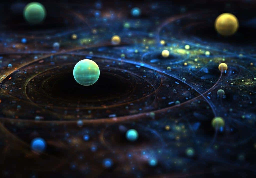 銀河 桌布 壁紙 — 一個迷人的宇宙場景，有發光的行星和旋轉的星雲，呈現深藍色和金色。