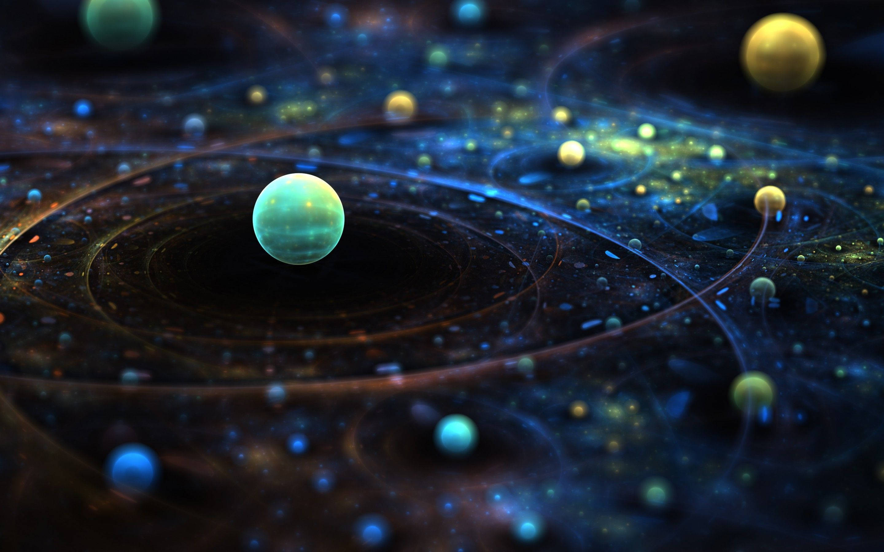 太陽系 桌布 壁紙 — 一個迷人的宇宙場景，有發光的行星和旋轉的星雲，呈現深藍色和金色。