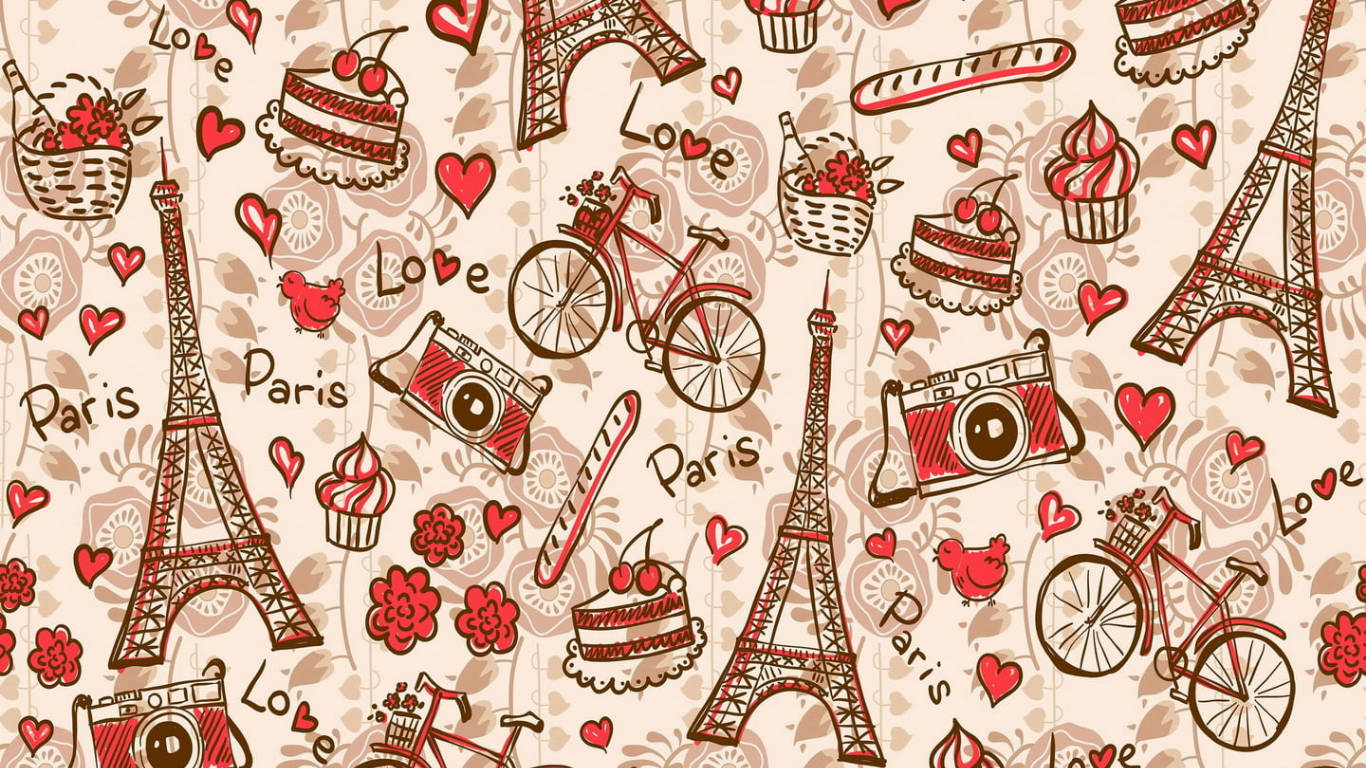 Eiffel Tower 桌布 壁紙 — 一個迷人的巴黎主題壁紙圖案，在米色背景上有紅色腳踏車、蛋糕和艾菲爾鐵塔。