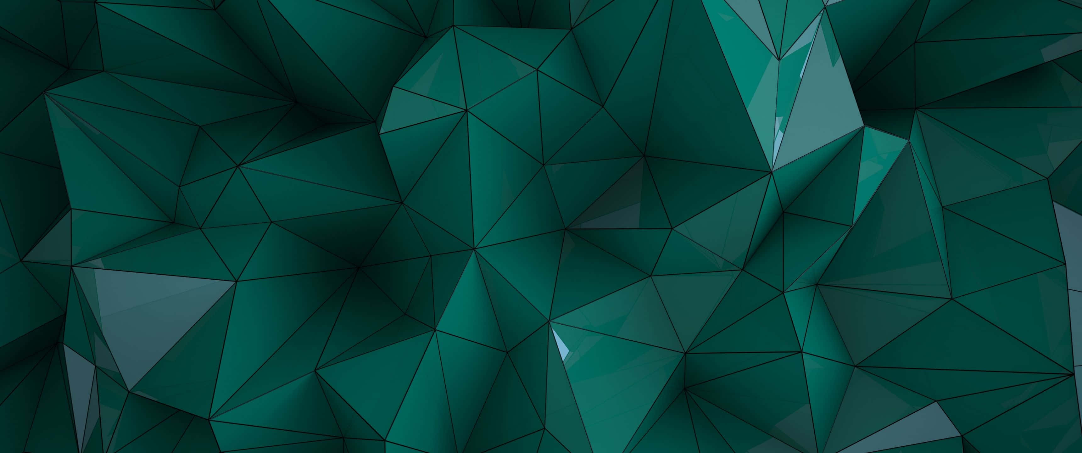 3440x1440 桌布 壁紙 — 一個迷人的抽象圖案，由青綠色和深綠色的幾何面組成，帶有銳利的黑色線條，營造出現代數位藝術紋理。