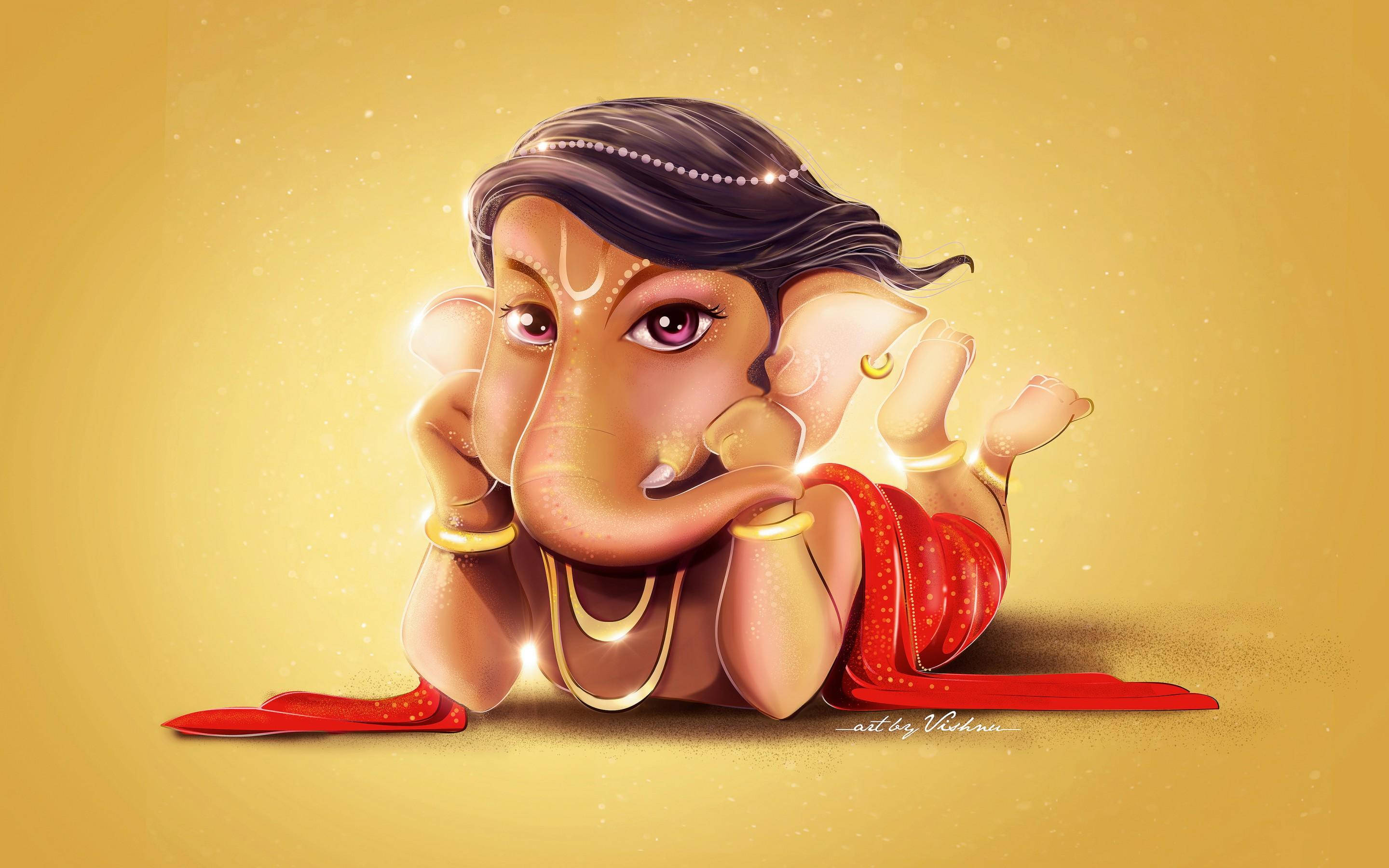 Ganesh 桌布 壁紙 — 一個迷人的插圖小象神Ganesha，有大耳朵和粉紅色的眼睛，在金色背景上穿著紅色和金色的服飾。
