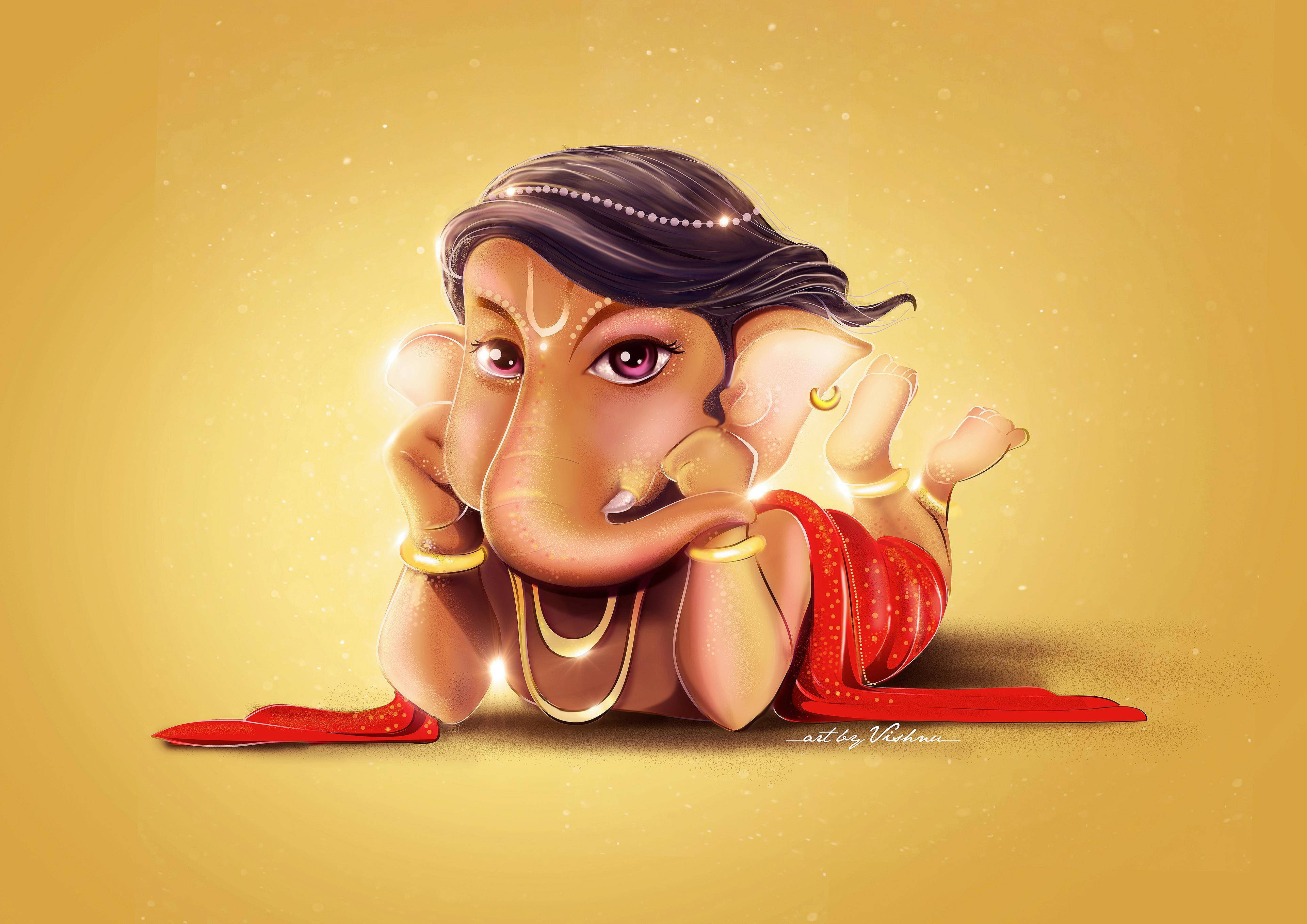 Hindu God 桌布 壁紙 — 一個迷人的插圖小象神甘尼許，身穿紅色腰布和金色珠寶，在帶有閃爍粒子的金色背景上休息。