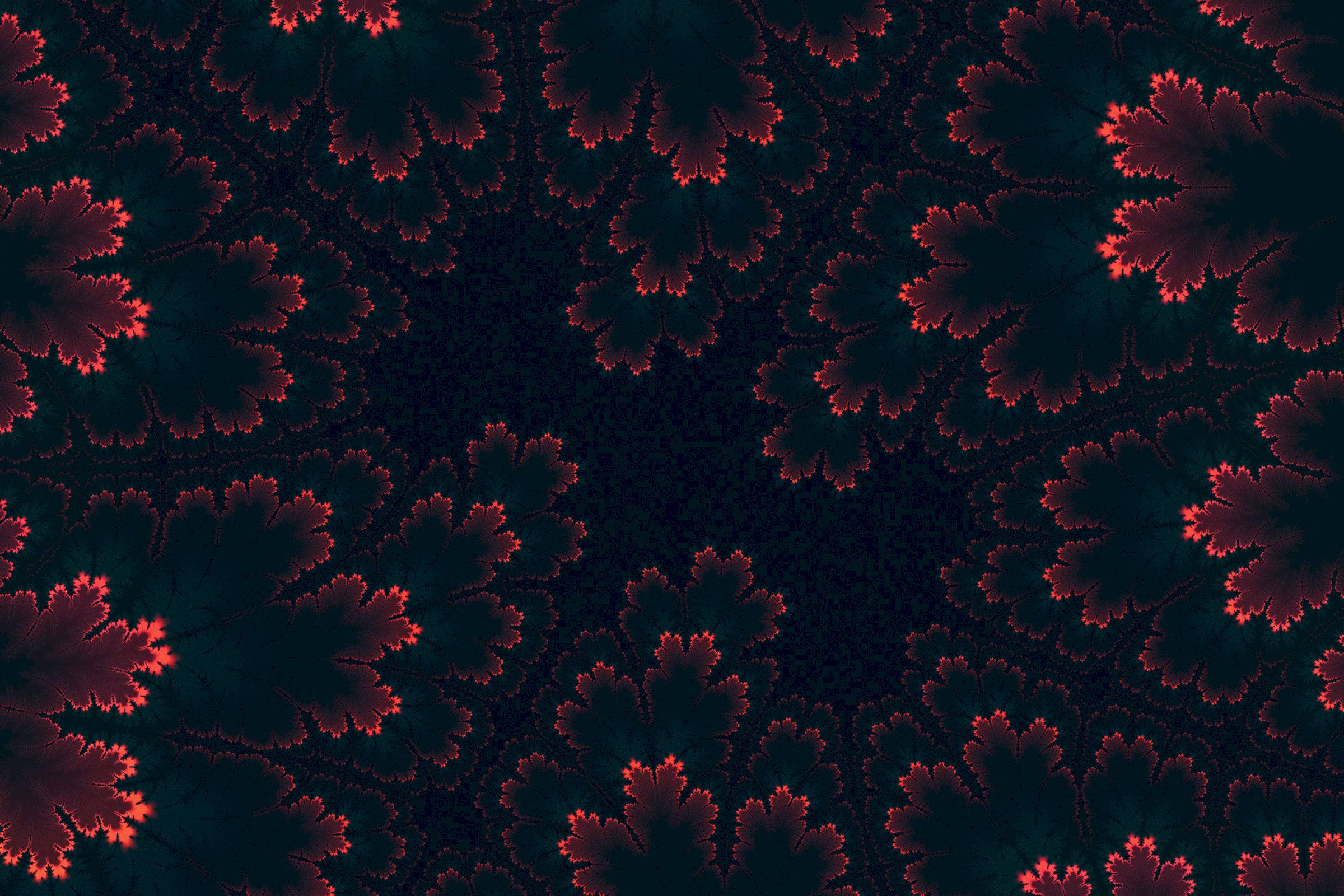 ominous 桌布 壁紙 — 一個迷人的數位分形圖案，在深青色背景上呈現發光的紅色葉狀形狀。
