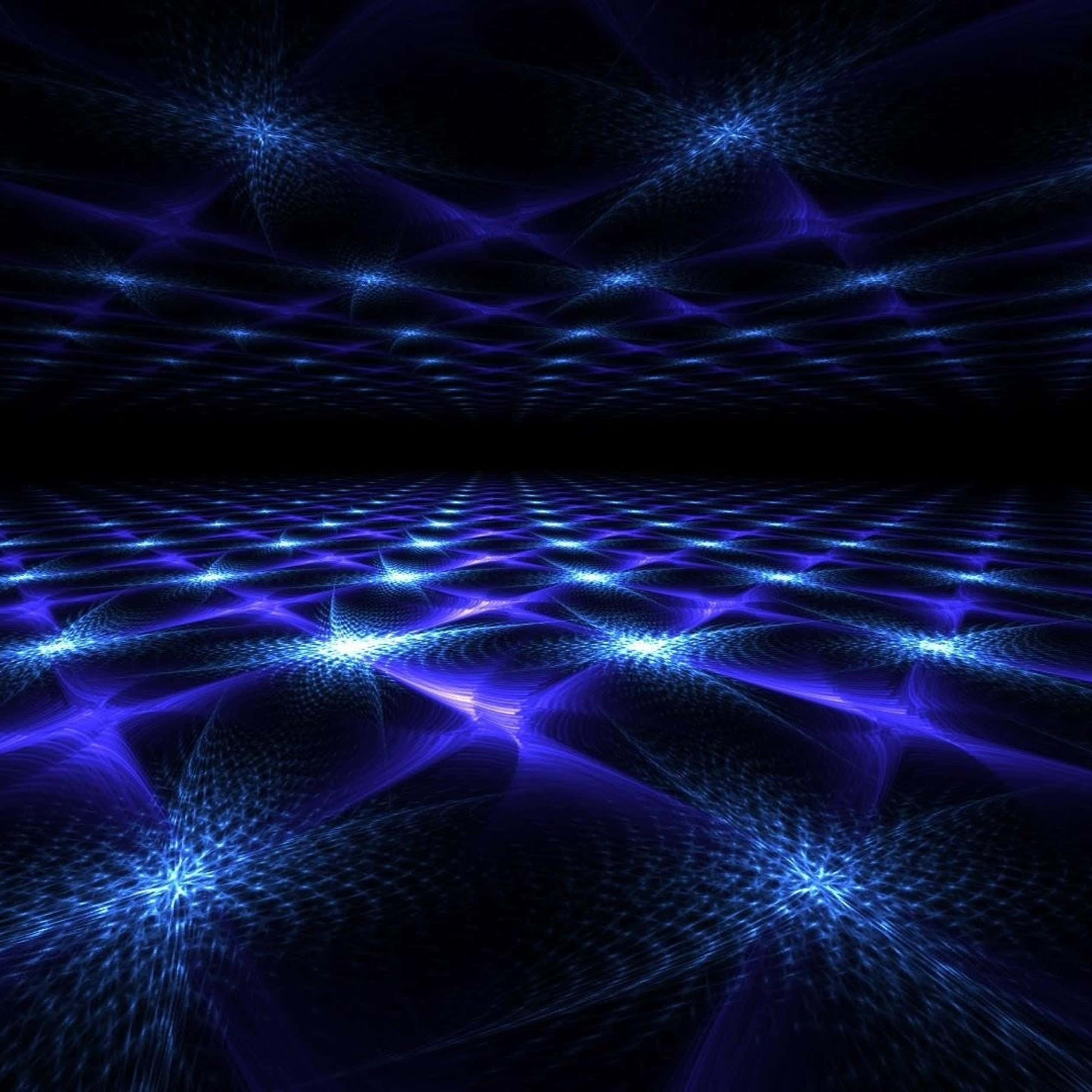Dark Abstract Art 桌布 壁紙 — 一個迷人的數位分形景觀，帶有在黑暗表面上輻射的發光藍色星爆圖案。