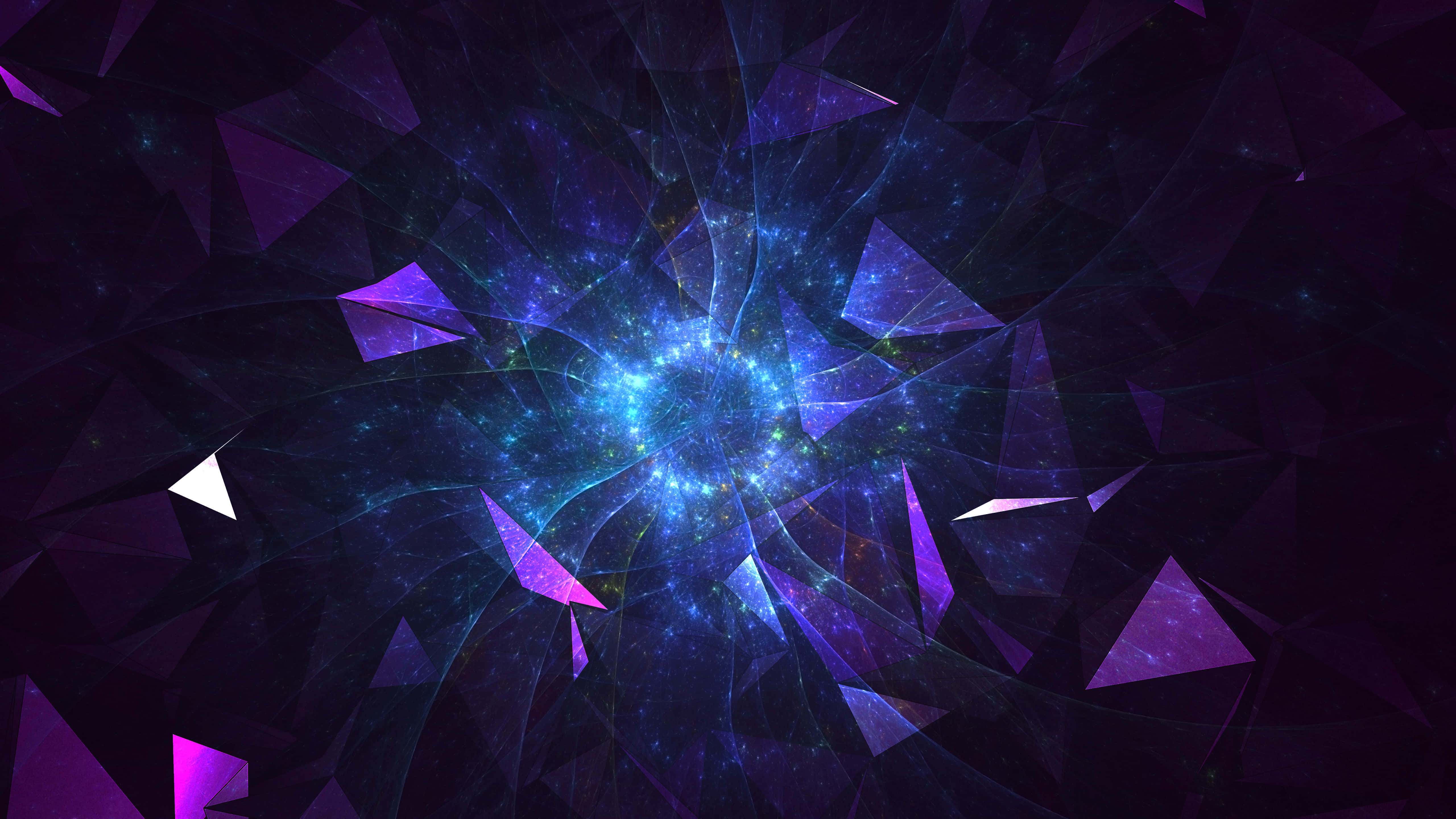 Violet 桌布 壁紙 — 一個迷人的數位分形漩渦，透過破碎的紫色幾何景觀散發出電光藍光。