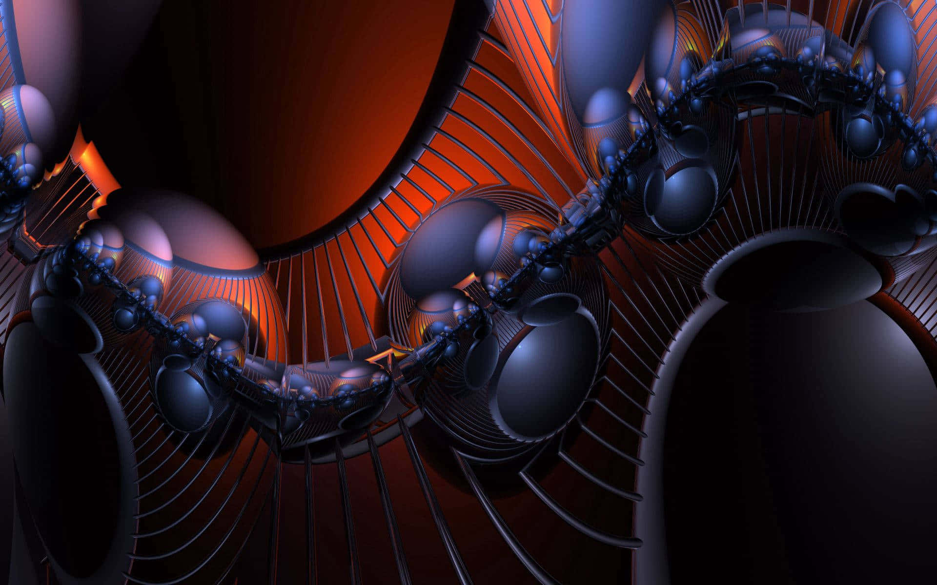 3d Graphics 桌布 壁紙 — 一個迷人的數位分形藝術作品，發光的橙色和深藍色球體與金屬絲帶交織成對稱的螺旋圖案。