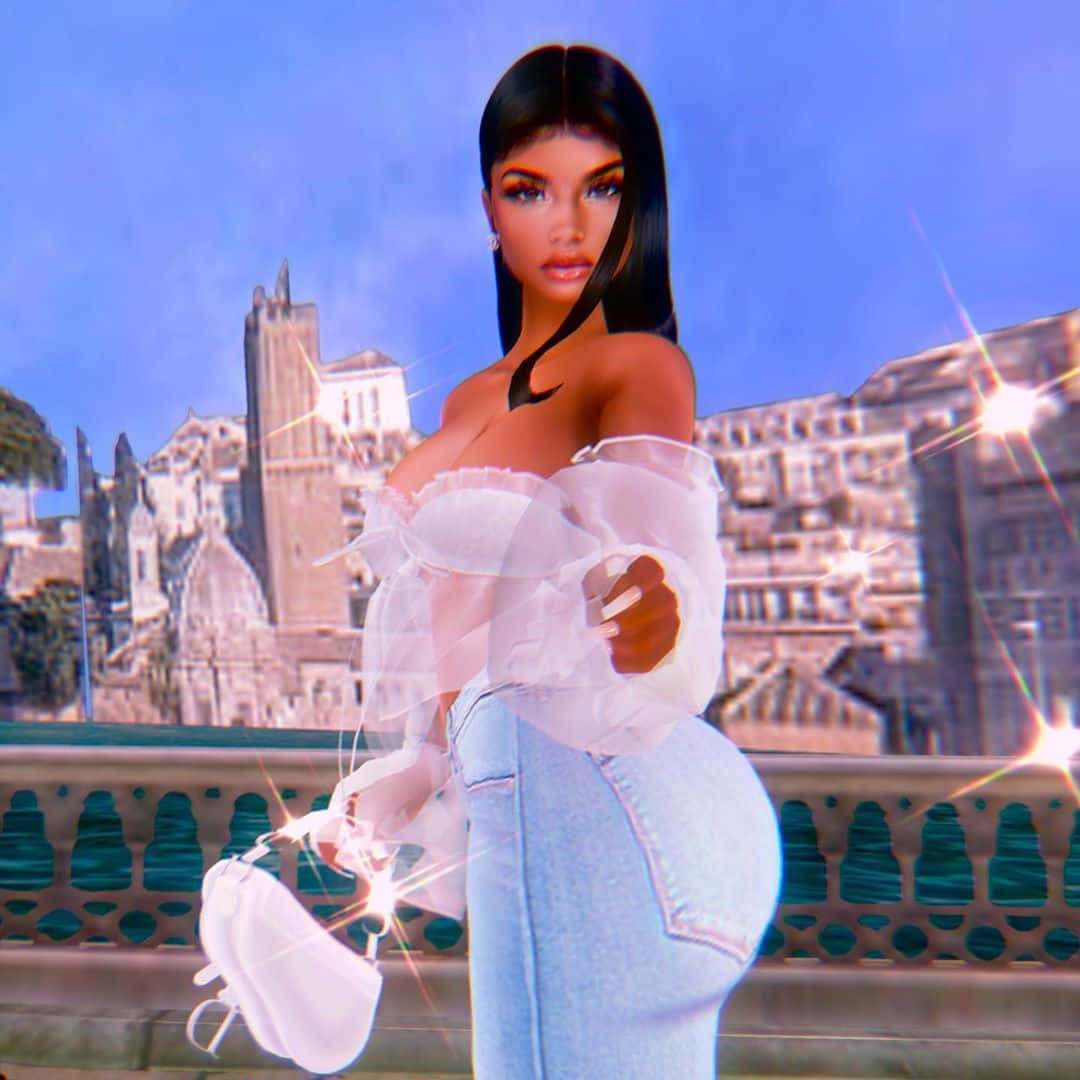 imvu 桌布 壁紙 — 一個迷人的數位化身，身穿透視露肩上衣和牛仔褲，自信地站在陽台上，俯瞰陽光普照的歐洲城市景觀，伴隨著閃爍的鏡頭光暈。