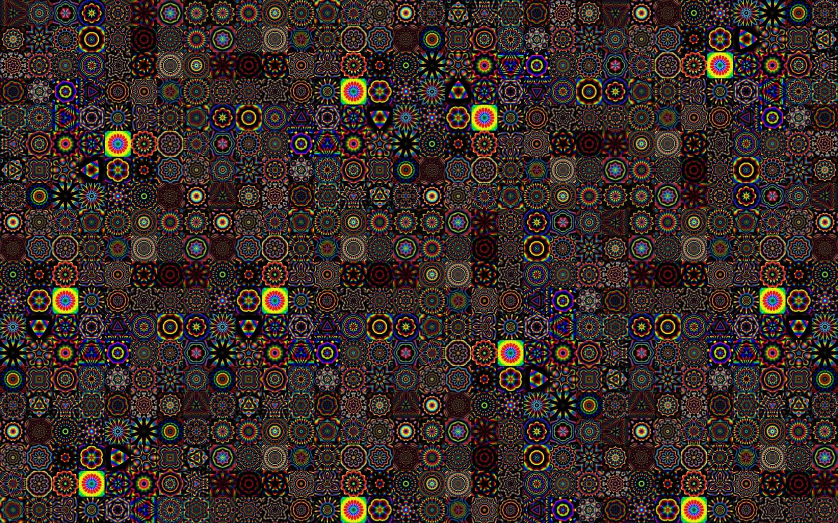 Optical Illusions 桌布 壁紙 — 一個迷人的數位圖案，由重複的幾何曼陀羅形狀組成，在深色背景上散發出鮮豔的彩虹色調。