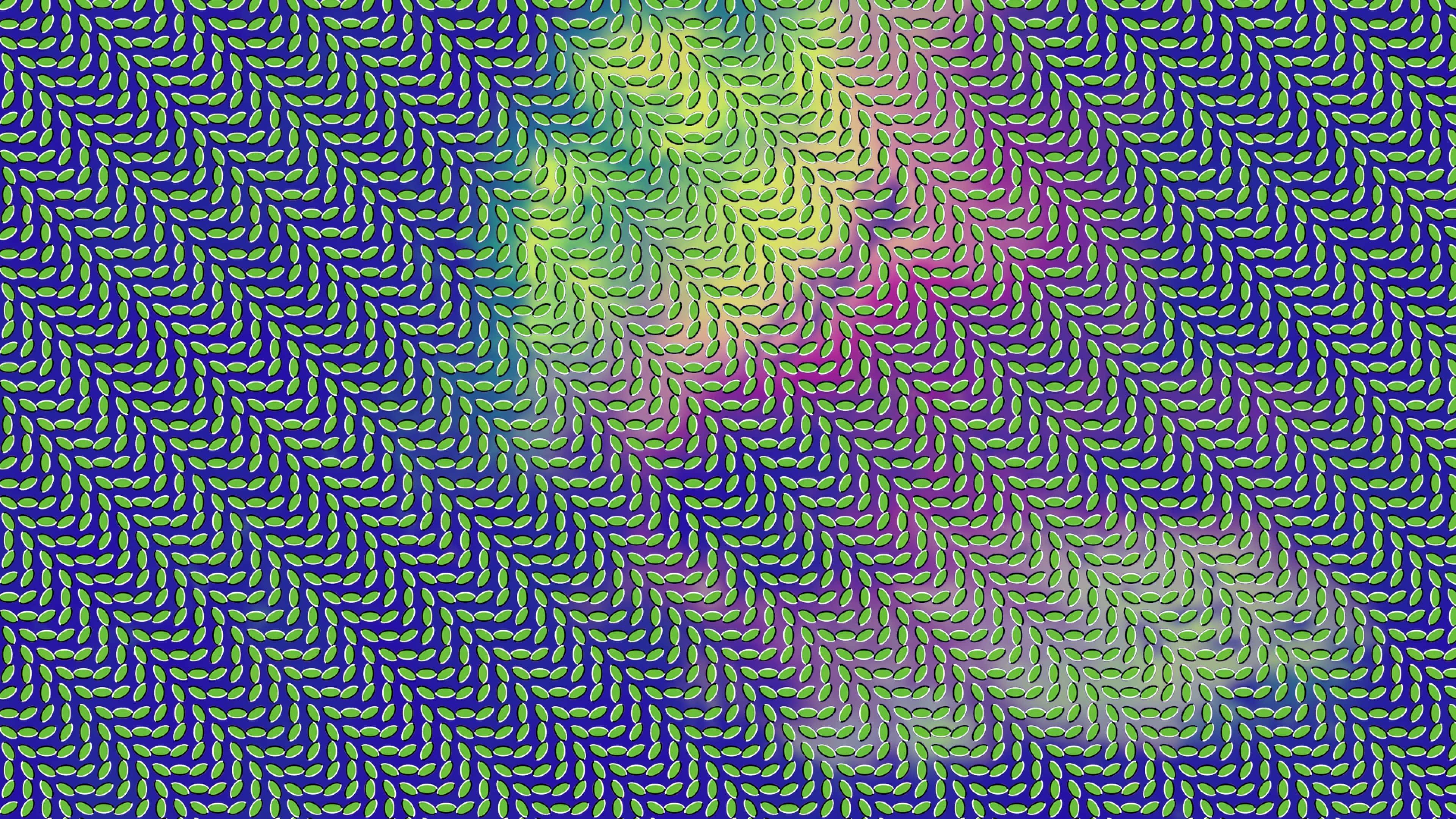 Illusion 桌布 壁紙 — 一個迷人的數位圖案，重複的葉子形狀沿著藍色、綠色和紫色的漸變對角流動。