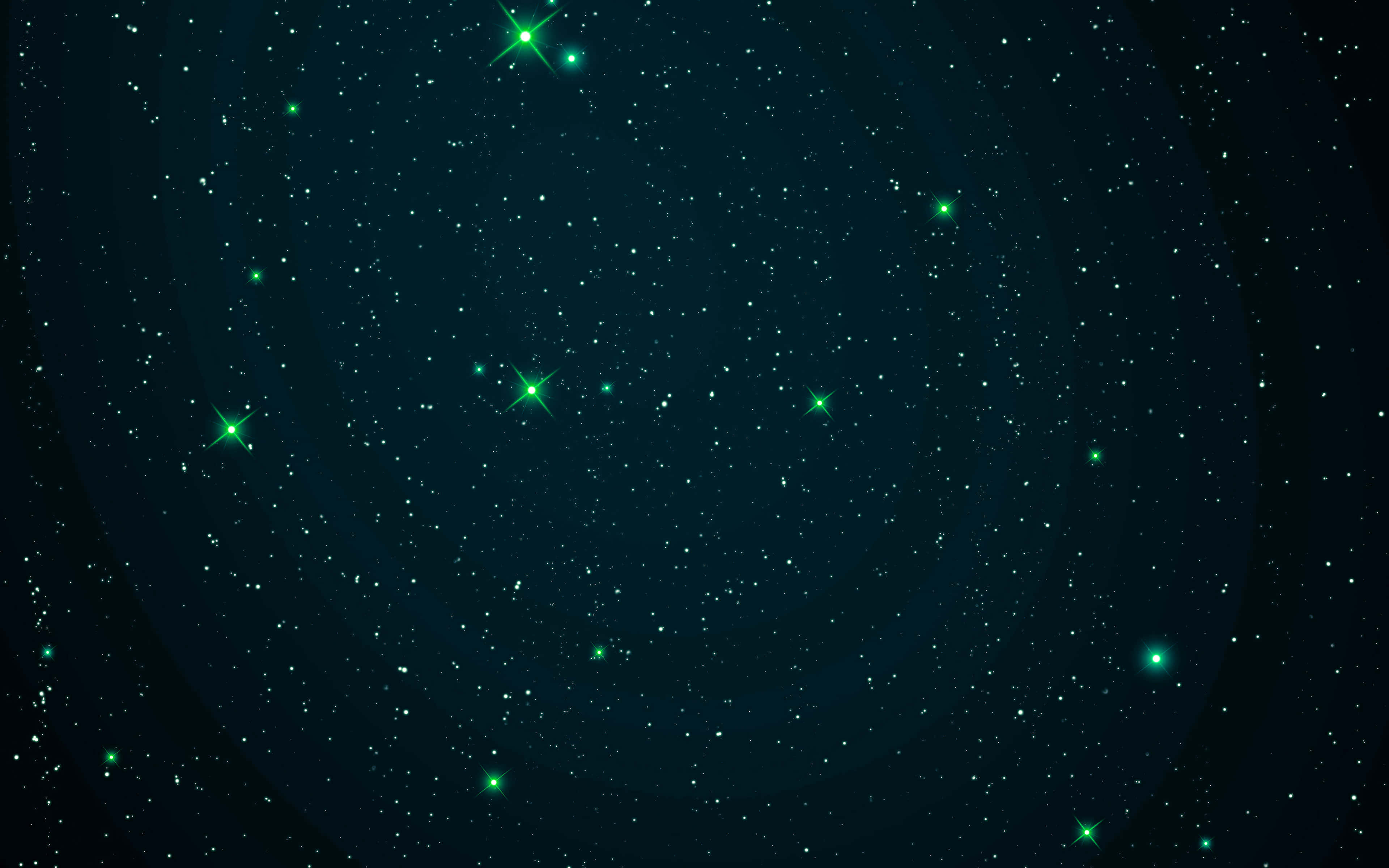 太空 桌布 壁紙 — 一個迷人的數位夜空，充滿發光的綠色星星，背景是深藍綠色的宇宙背景。