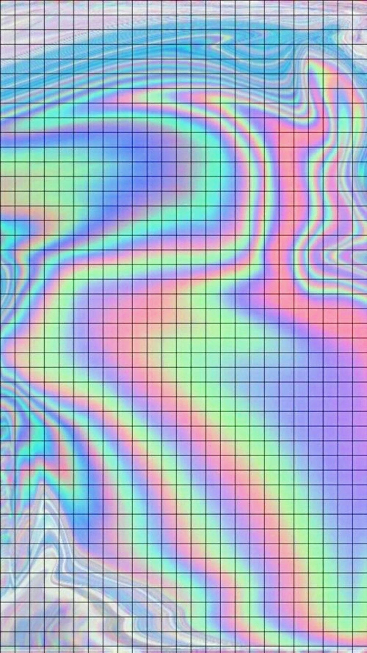 Grid Aesthetic 桌布 壁紙 — 一個迷人的數位抽象圖案，在網格背景上流動著彩虹色調。