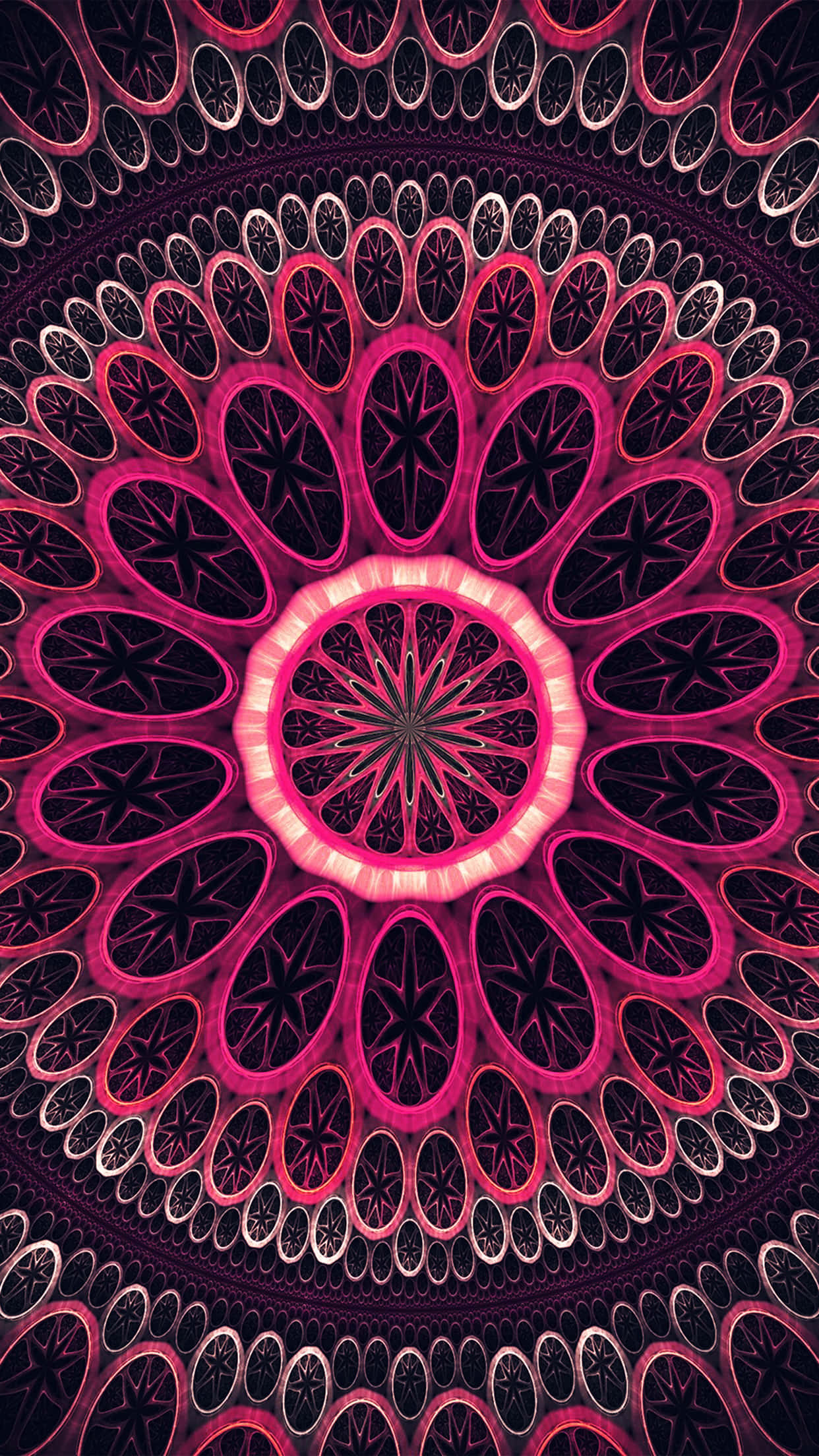 psychedelic art 桌布 壁紙 — 一個迷人的數位曼陀羅在深黑色背景上散發出充滿活力的粉紅色和洋紅色色調，具有複雜的幾何對稱性。