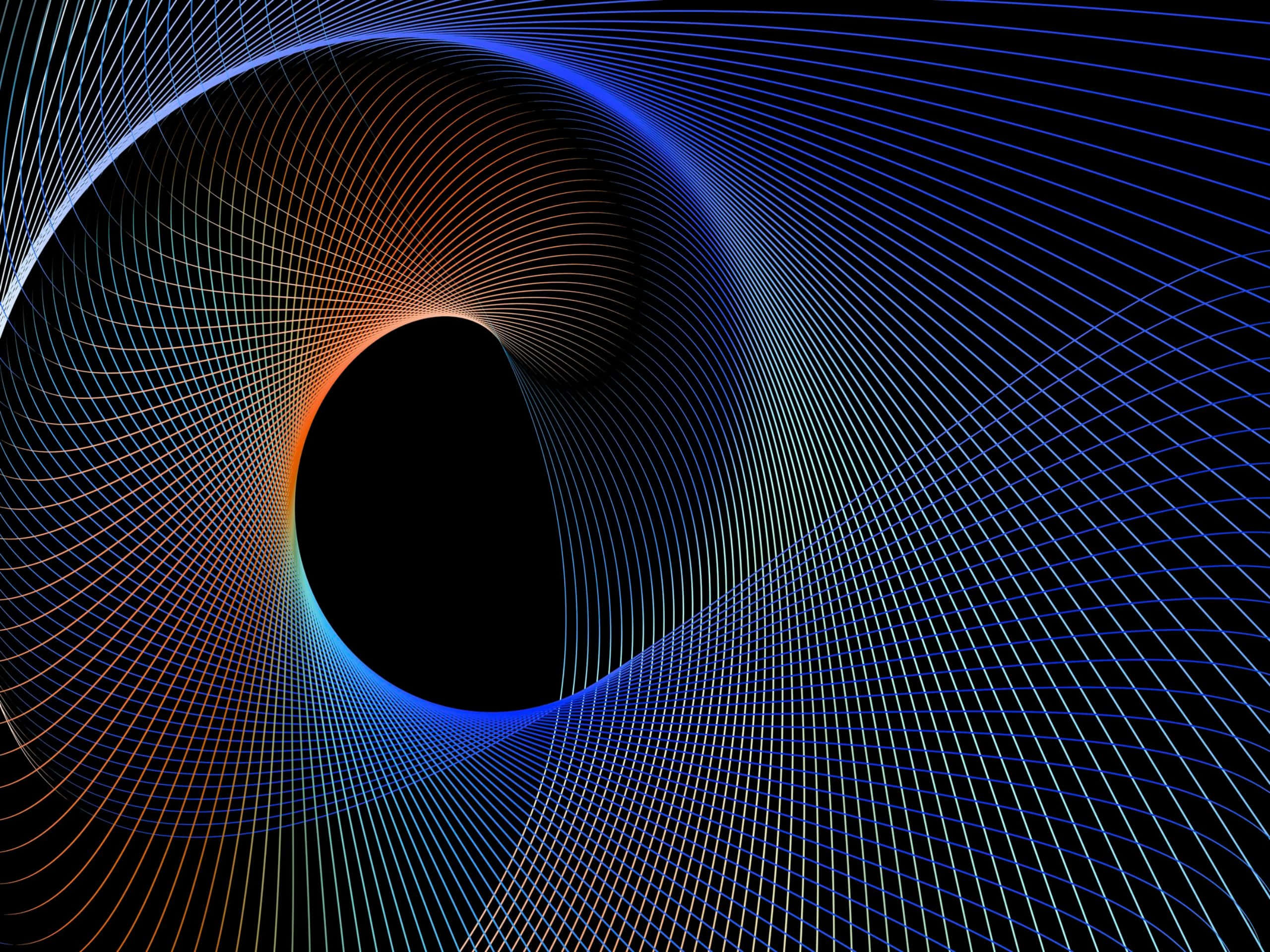 2560x1920 桌布 壁紙 — 一個迷人的數位漩渦，由發光的藍色和橙色線條組成，在黑色背景上向內螺旋進入黑暗中心。