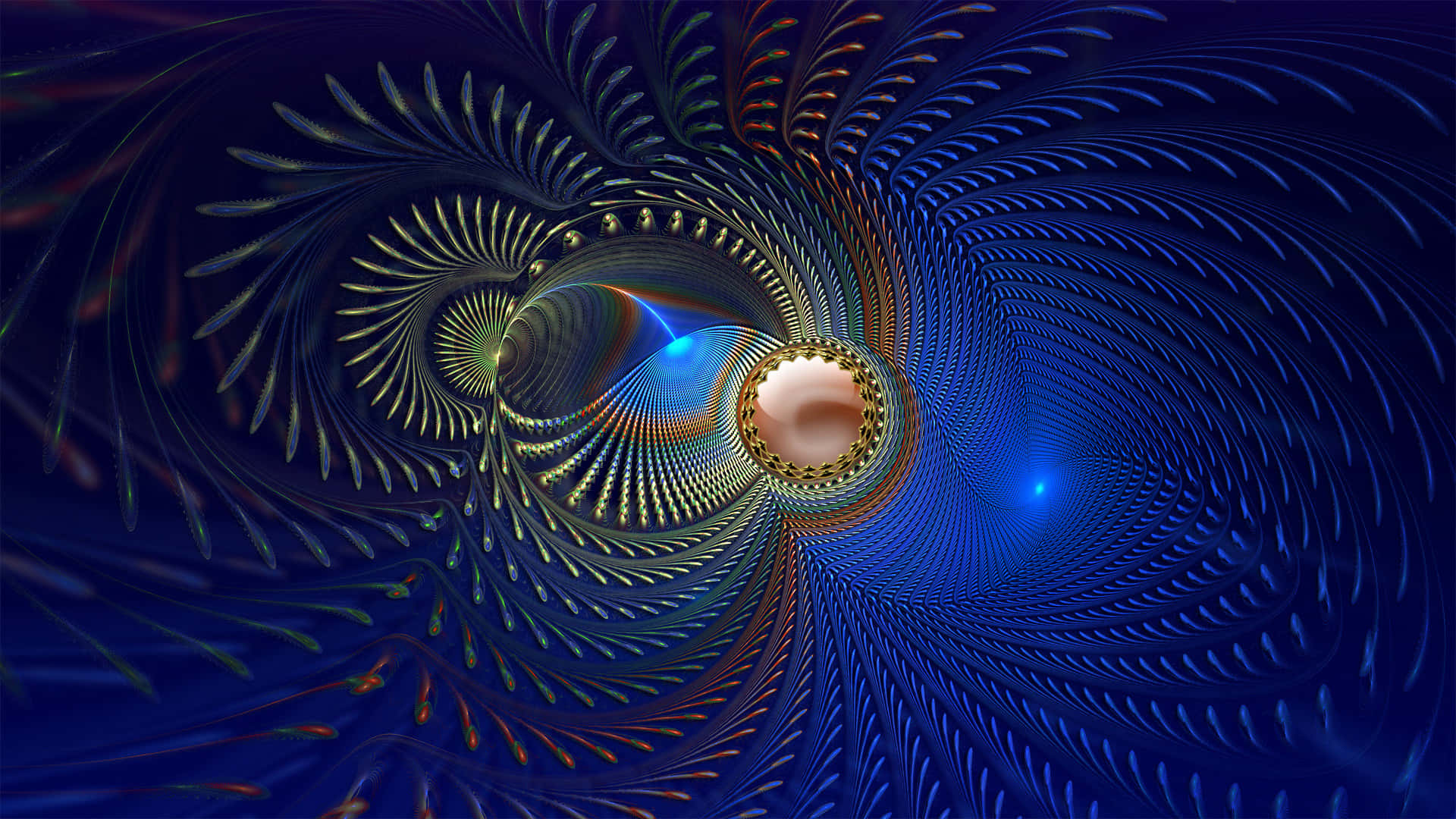 Alchemy 桌布 壁紙 — 一個迷人的數位碎形隧道，在深海軍藍背景下，金色和藍色的發光卷鬚向內螺旋延伸。