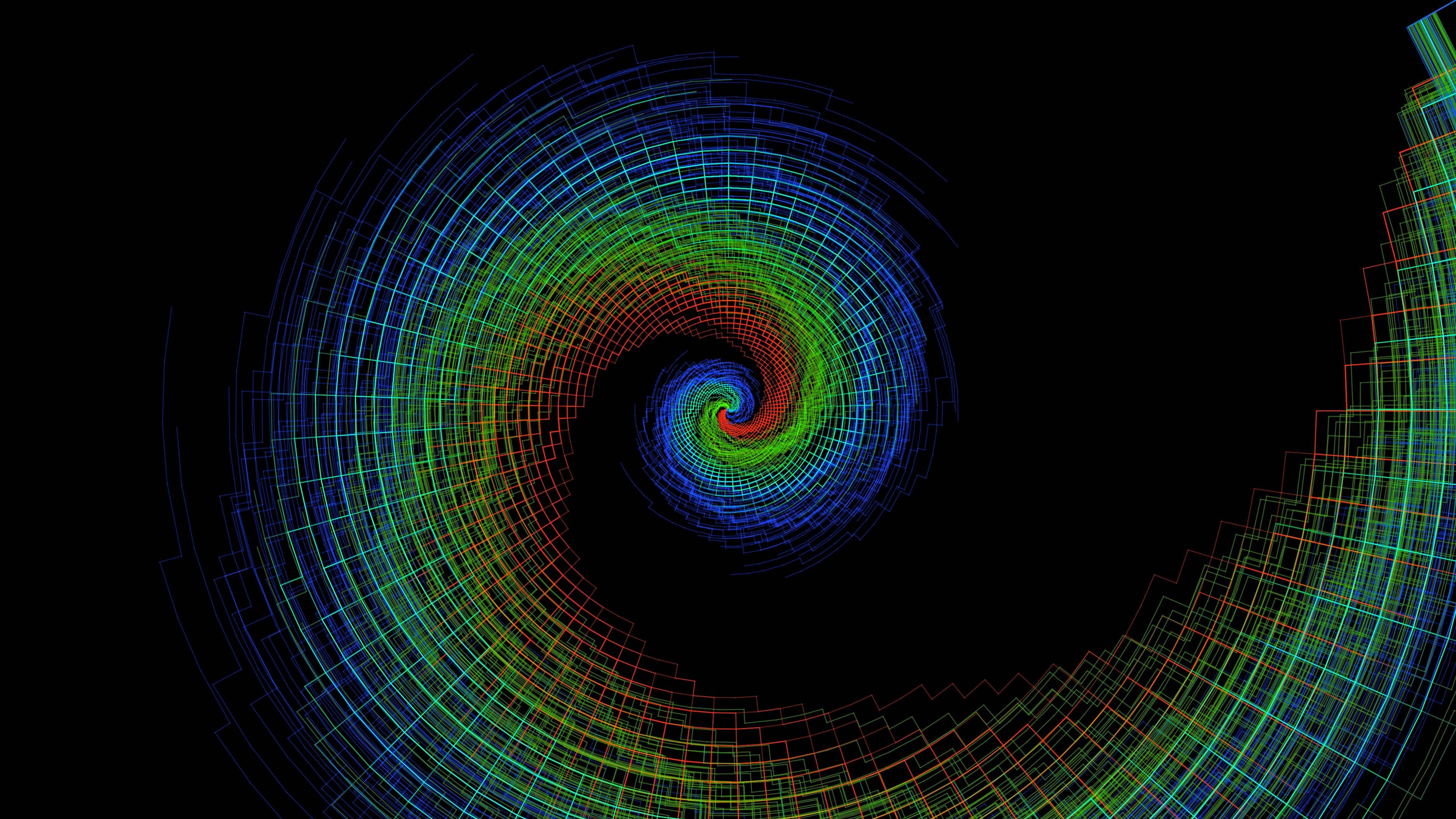 Spiral 桌布 壁紙 — 一個迷人的數位螺旋，由發光的彩色網格線組成，在黑色虛空中向內扭曲。