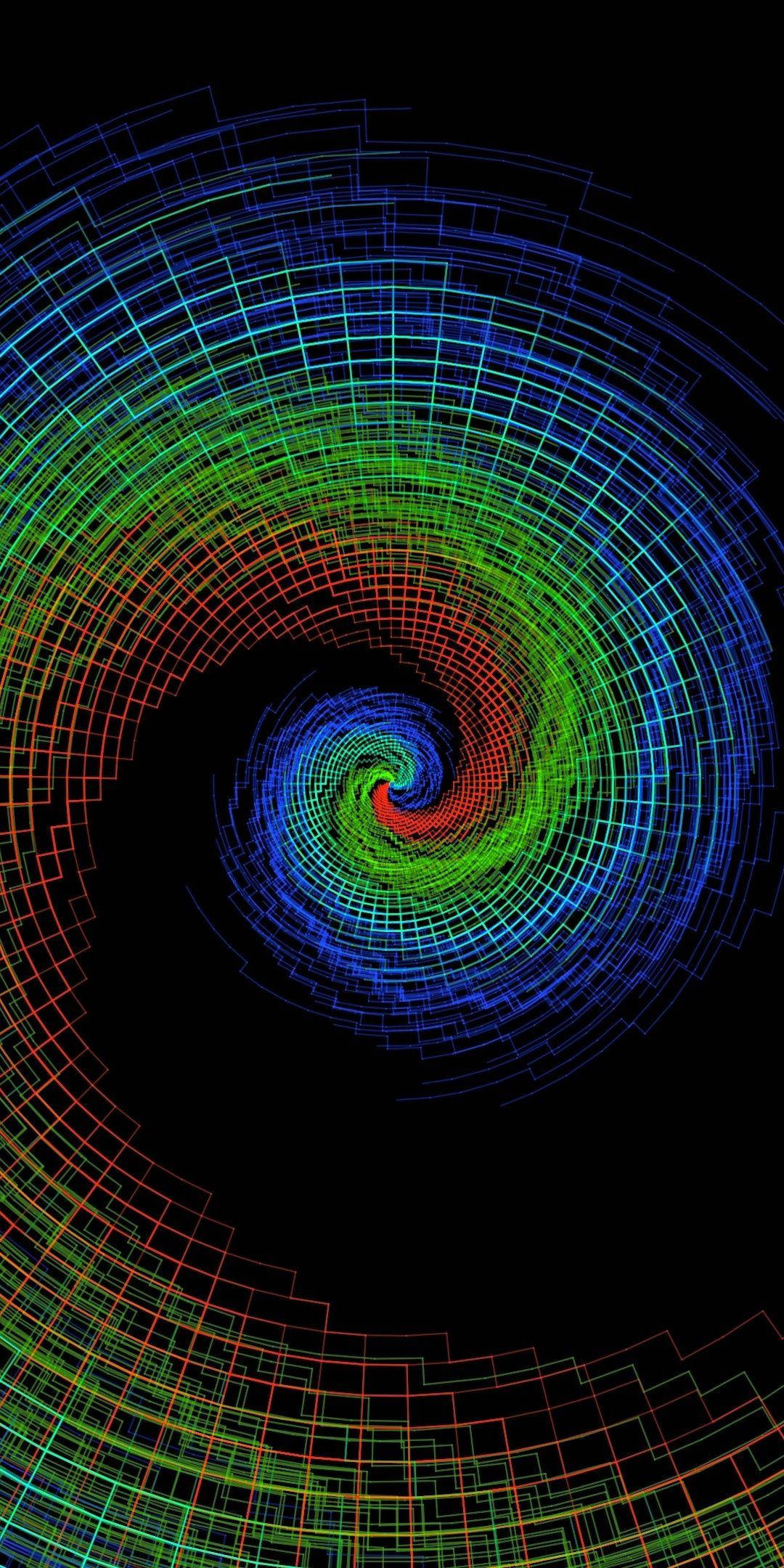 Spiral 桌布 壁紙 — 一個迷人的數位螺旋，由紅色、綠色和藍色的發光網格線組成，在黑色虛空中向外輻射。