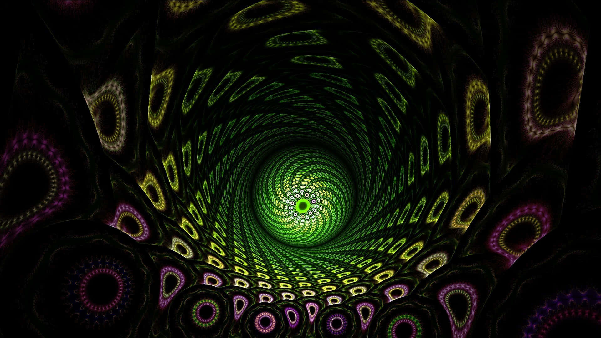 碎形 桌布 壁紙 — 一個迷人的數位隧道，在黑色虛空中以發光的綠色和紫色碎形圖案向內螺旋。