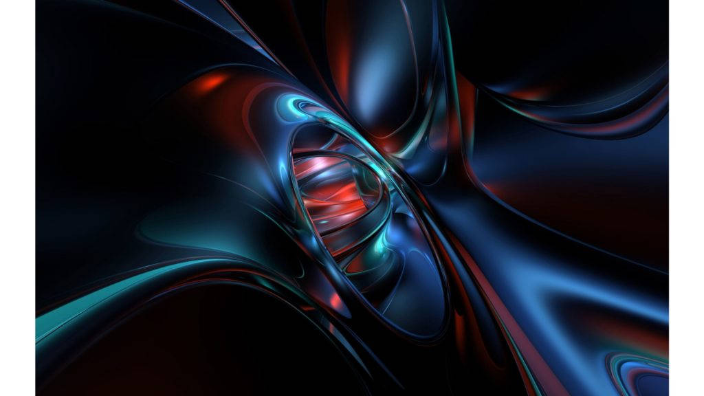 4K color 桌布 壁紙 — 一個迷人的數位隧道，由光澤的藍色和紅色液體狀絲帶在黑暗中旋轉而成。