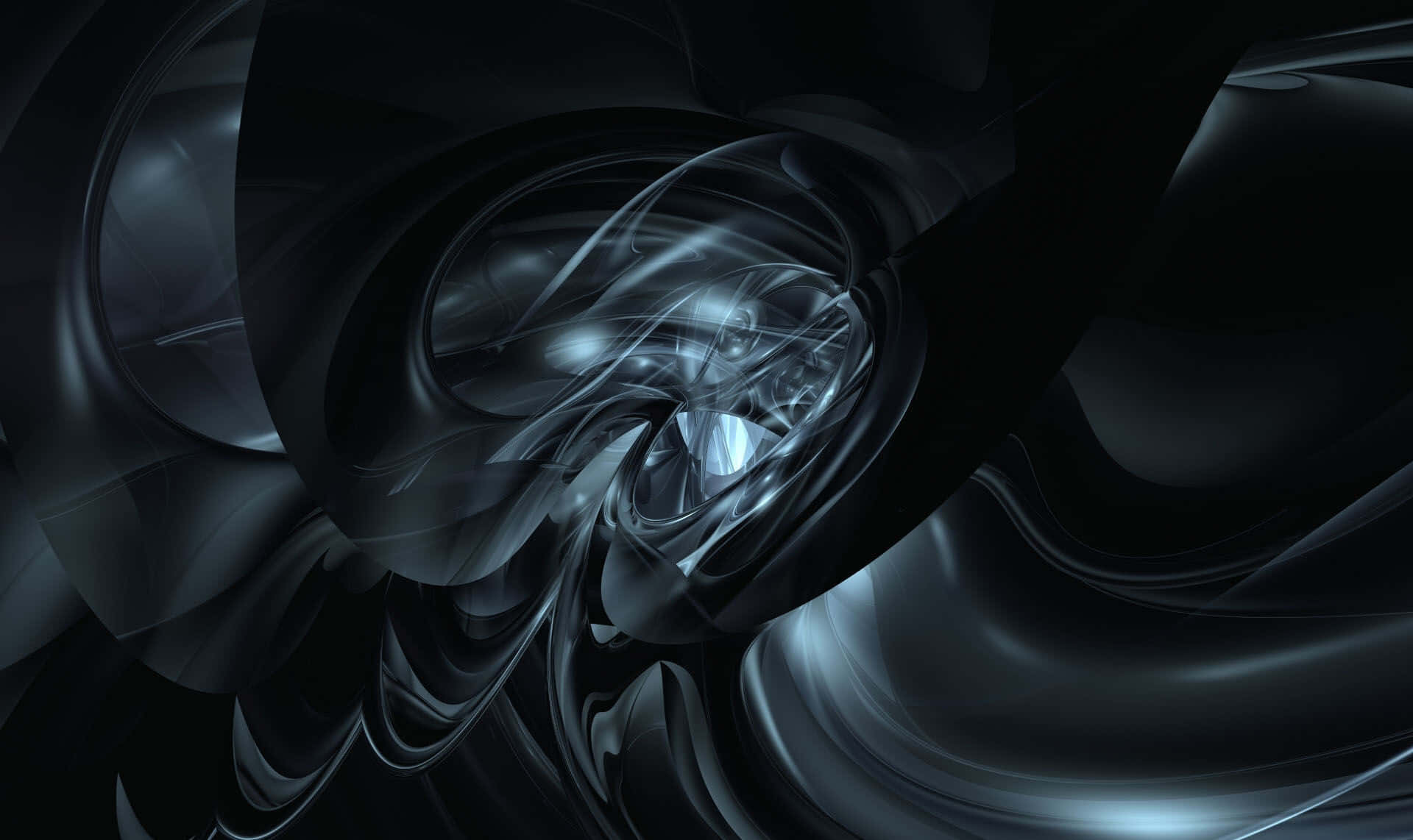 Dark Energy 桌布 壁紙 — 一個迷人的數位隧道，由旋轉的深銀色和黑色組成，帶有發光的燈光點綴。